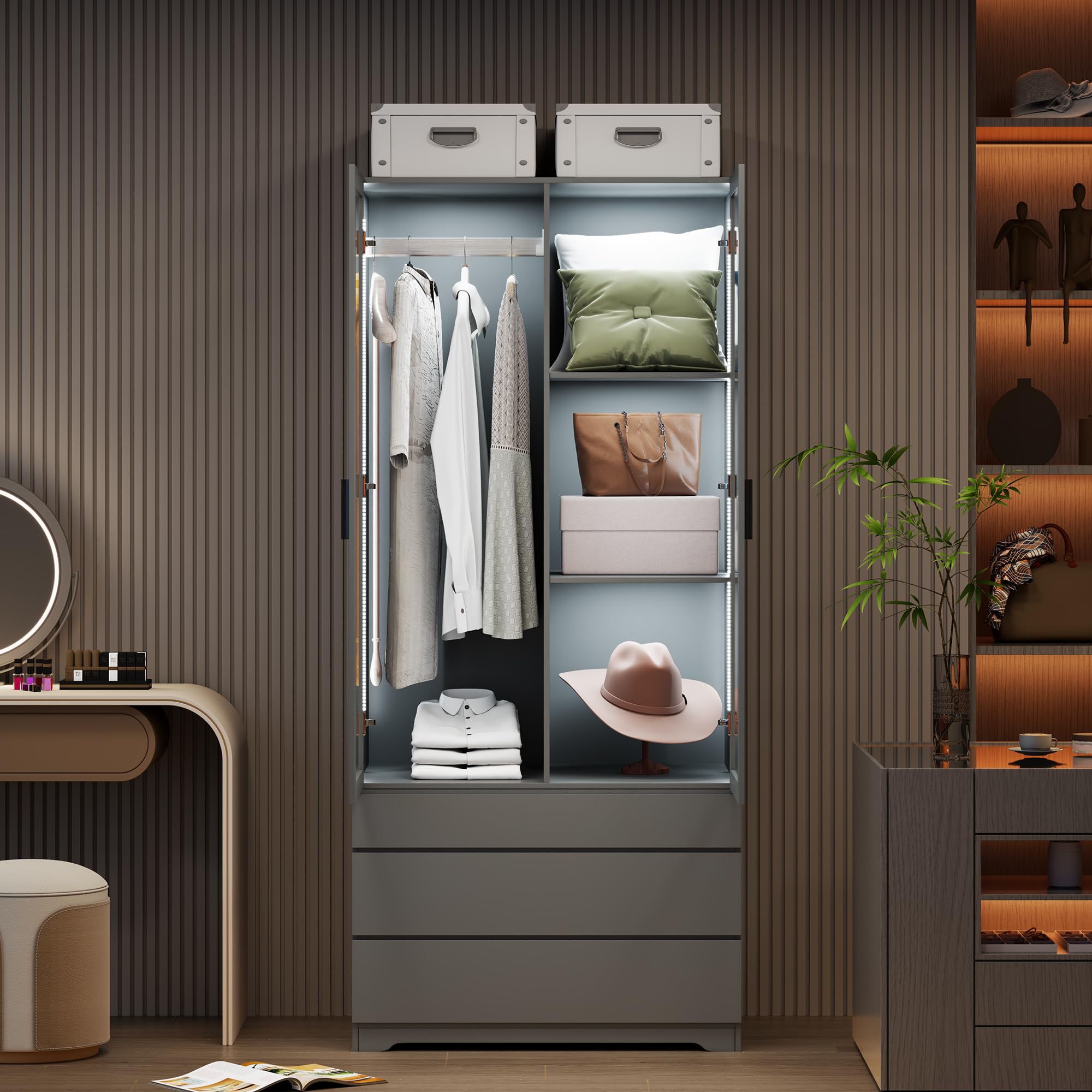 Modern LED Armoire Wardrobe Closet Cabinet with 3 Drawers & 2 Doors - 70
