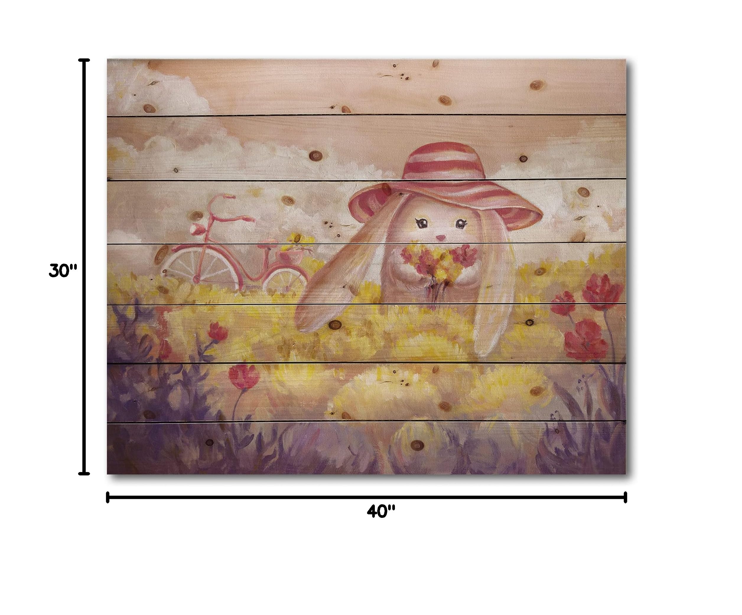 DesignQ Little Bunny With Flowers Traditional Wood Wall Decor - Yellow Wood Wall Art, Large Animal Wood Panel Print on Natural Pine - Perfect for Nursery, Living Room & Farmhouse Decor