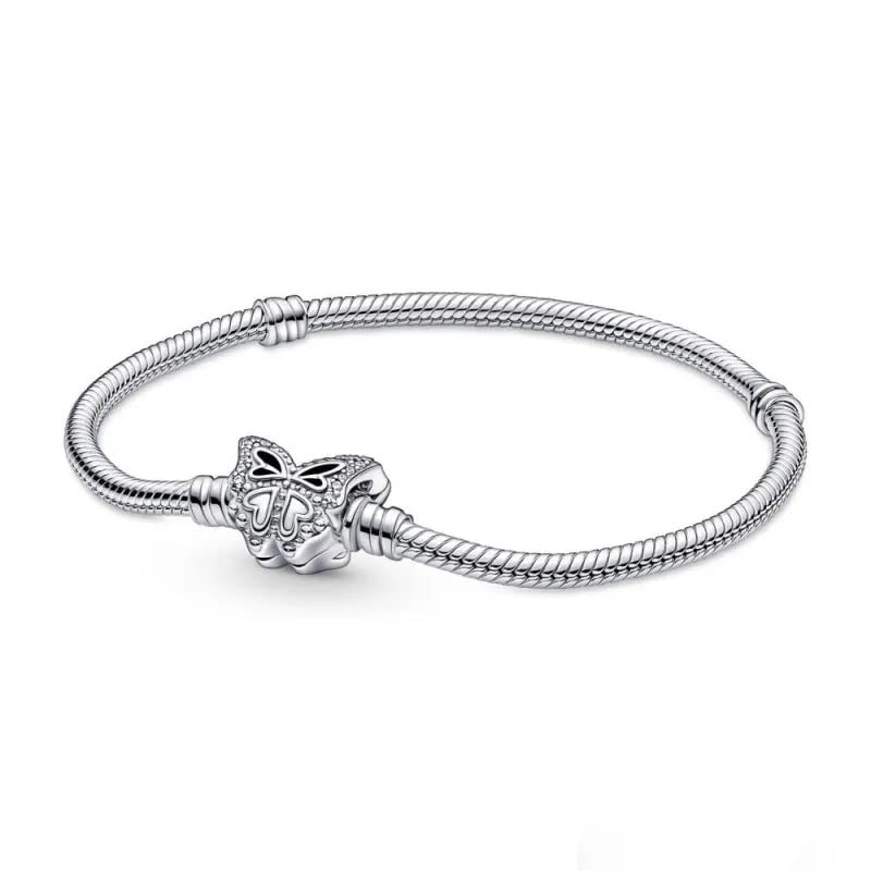 PANDORA Moments Butterfly Clasp Snake Chain Bracelet - Sterling Silver with Cubic Zirconia - Compatible with PANDORA Charms - Elegant Jewelry Gift for Women - Perfect for Birthdays, Anniversaries & Special Occasions