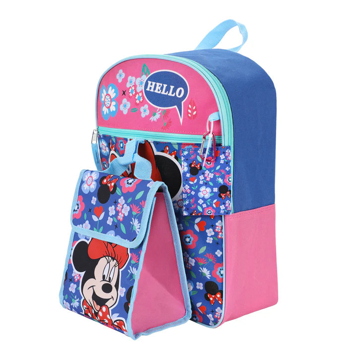 Minnie Mouse Floral Print Kids 16-Inch Backpack with Matching Lunch Box 5-Piece Set - Perfect for School, Travel & Disney Theme Parties