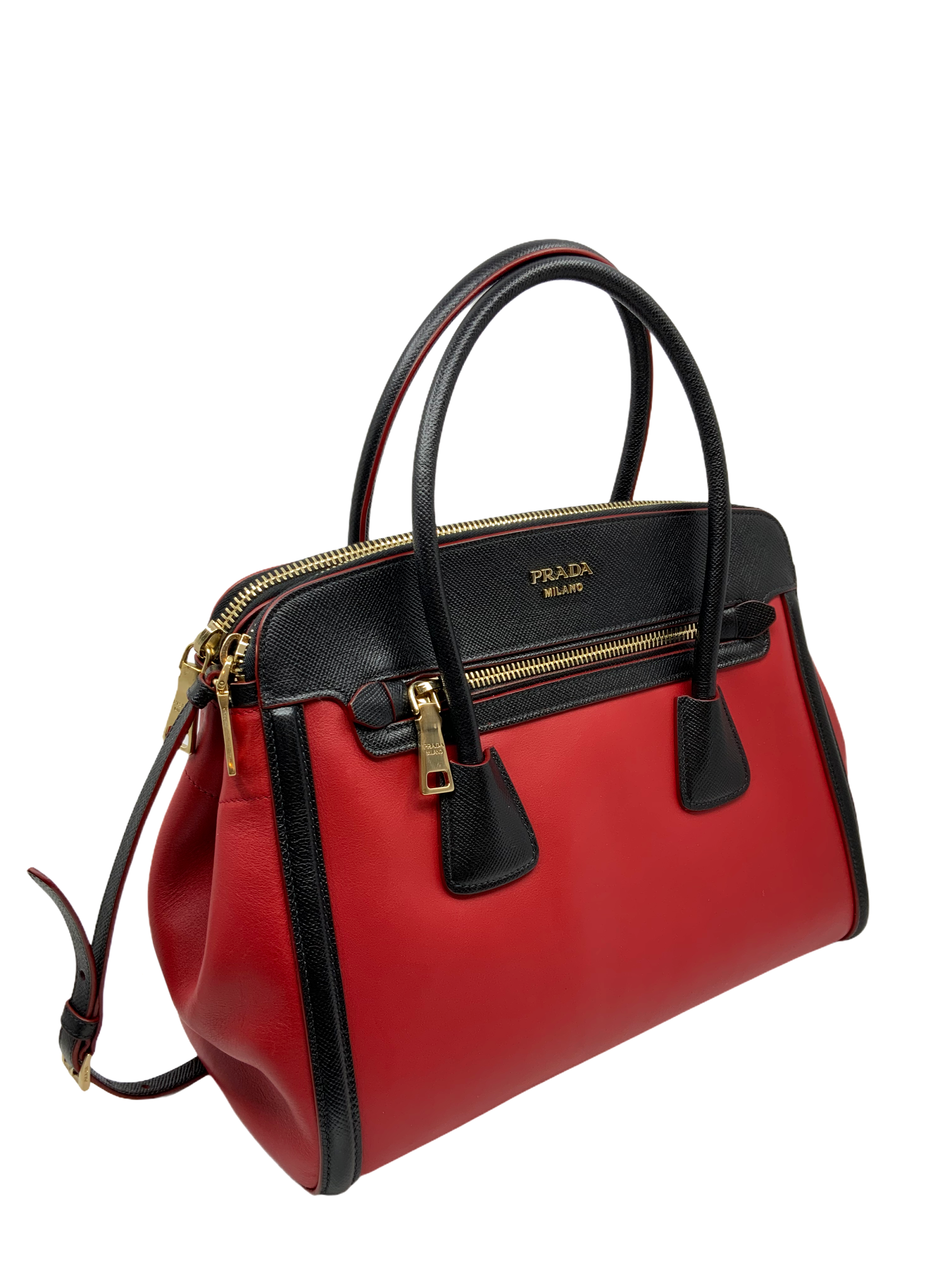 Prada Bi-Color Leather Front Zip Tote Bag with Adjustable Shoulder Strap - Luxury Designer Handbag for Women, Perfect for Work, Travel & Everyday Use