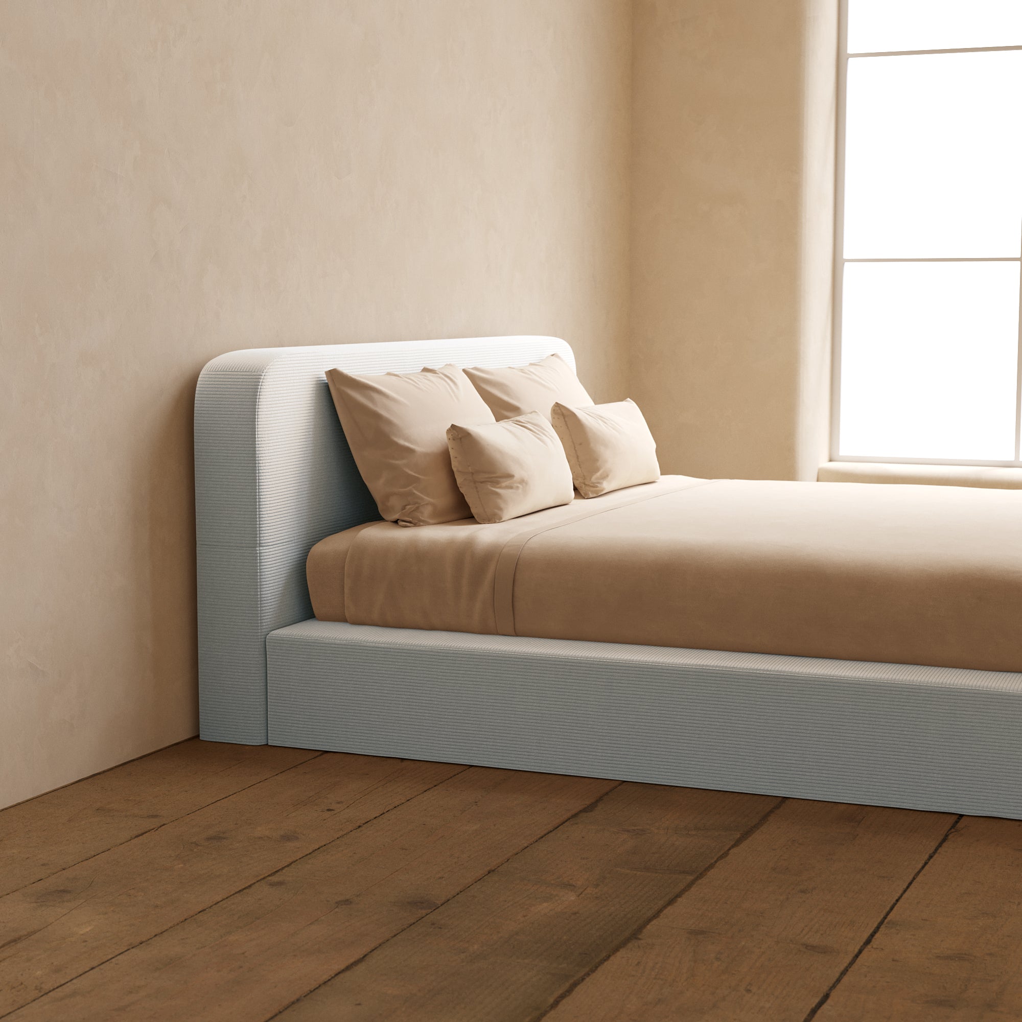 Luxury King Upholstered Platform Bed with Headboard - Soft Corduroy Fabric in Cream White | Perfect for Master Bedroom, Guest Room & Modern Home Decor