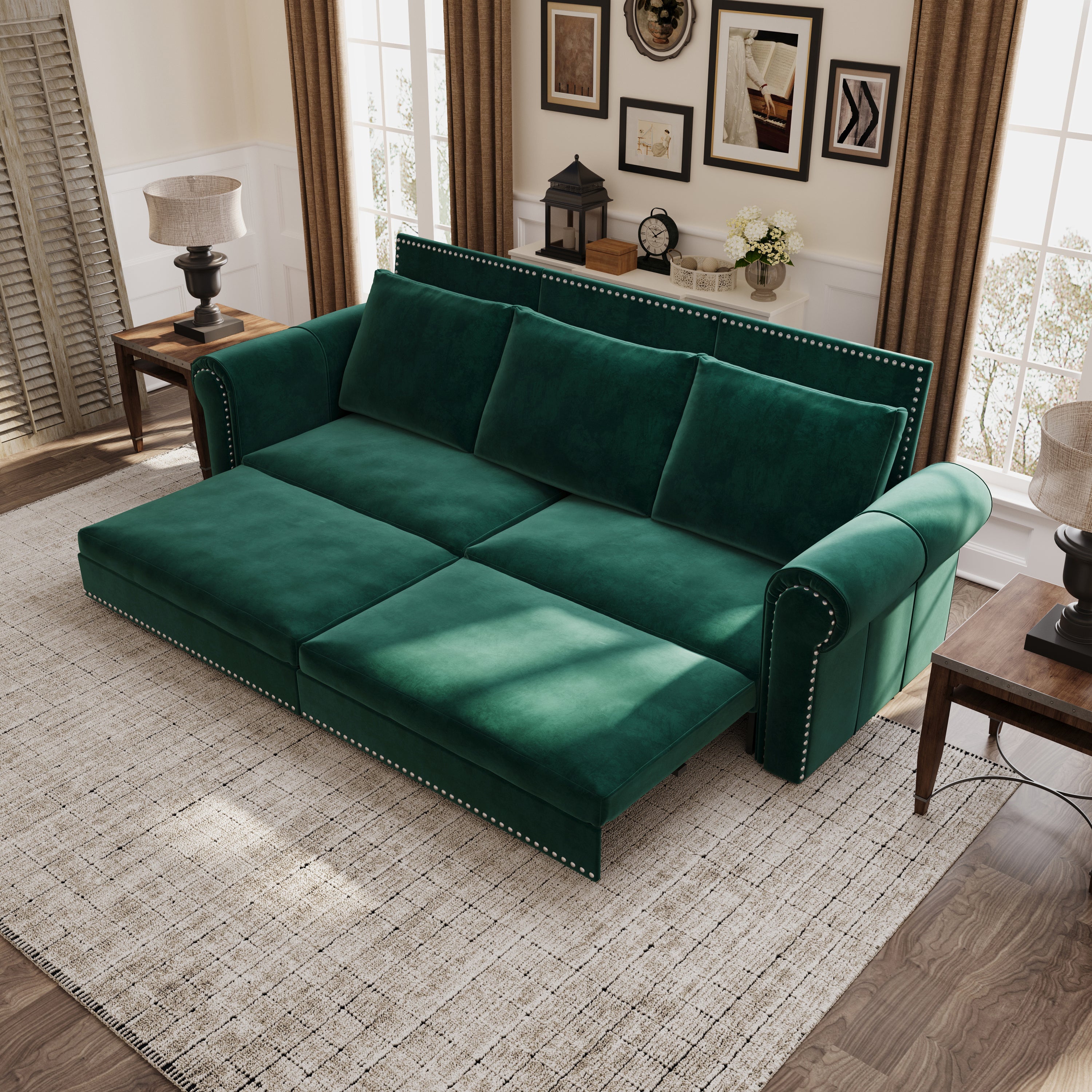 93.7'' King Size Chesterfield Pull Out Sofa Bed - 3-in-1 Velvet Convertible Sleeper Sofa with Nailhead Trim & Rolled Arms - Multi-Functional Sectional for Living Room, Bedroom, Apartment & Office - Emerald Green Sofa Bed for Small Spaces & Guest Rooms