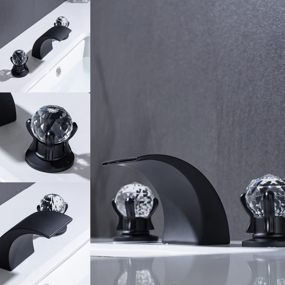 3 Hole 2 Handle Widespread LED Waterfall Bathroom Sink Faucet with Dual Crystal Handles - 8 Inch Matte Black Basin Mixer Tap with Supply Hose - Perfect for Modern Vanities & Luxury Bathroom Renovations