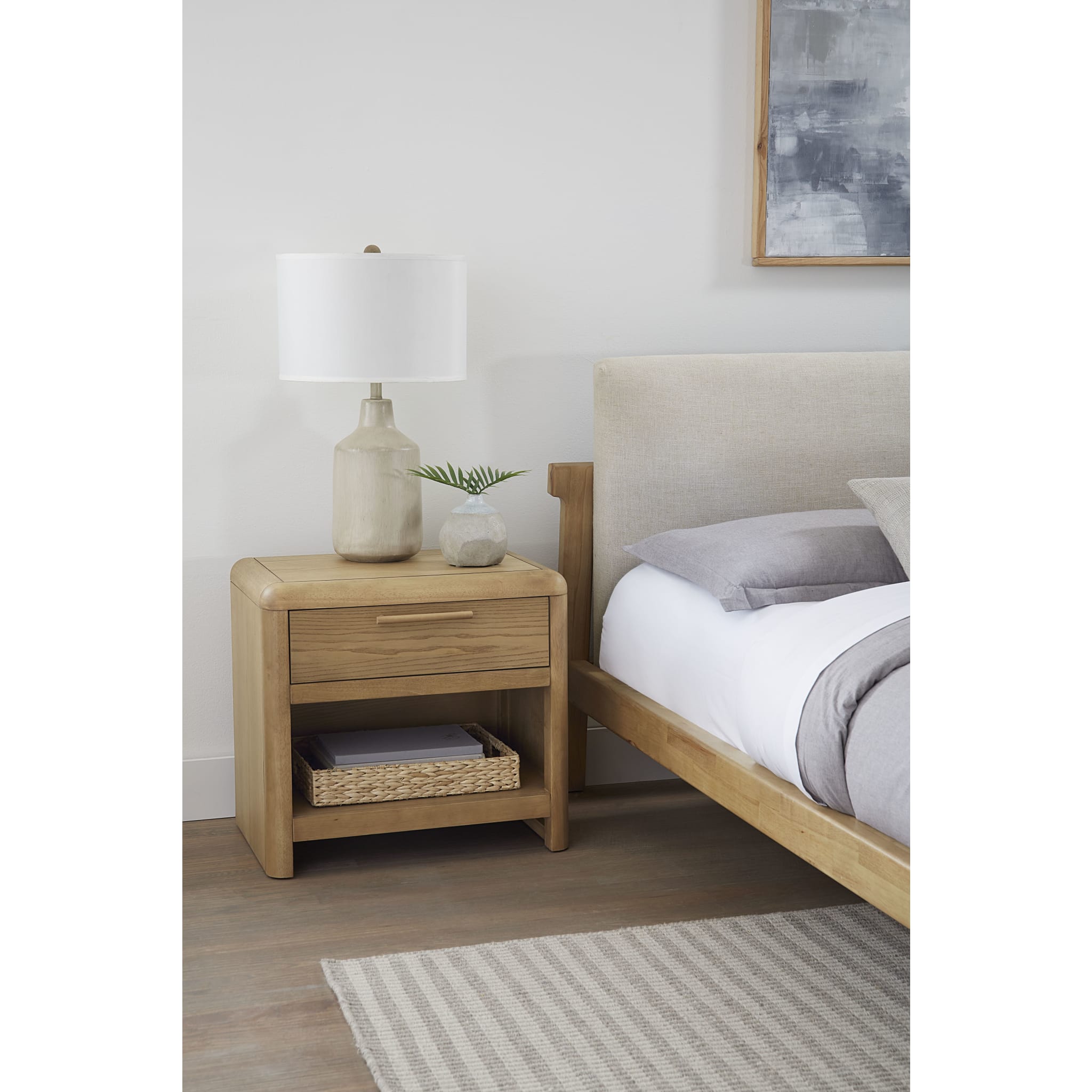Furano Ash Wood Nightstand with One Drawer and One Shelf - Modern Bedside Table for Bedroom, Living Room, or Office - Ginger Finish
