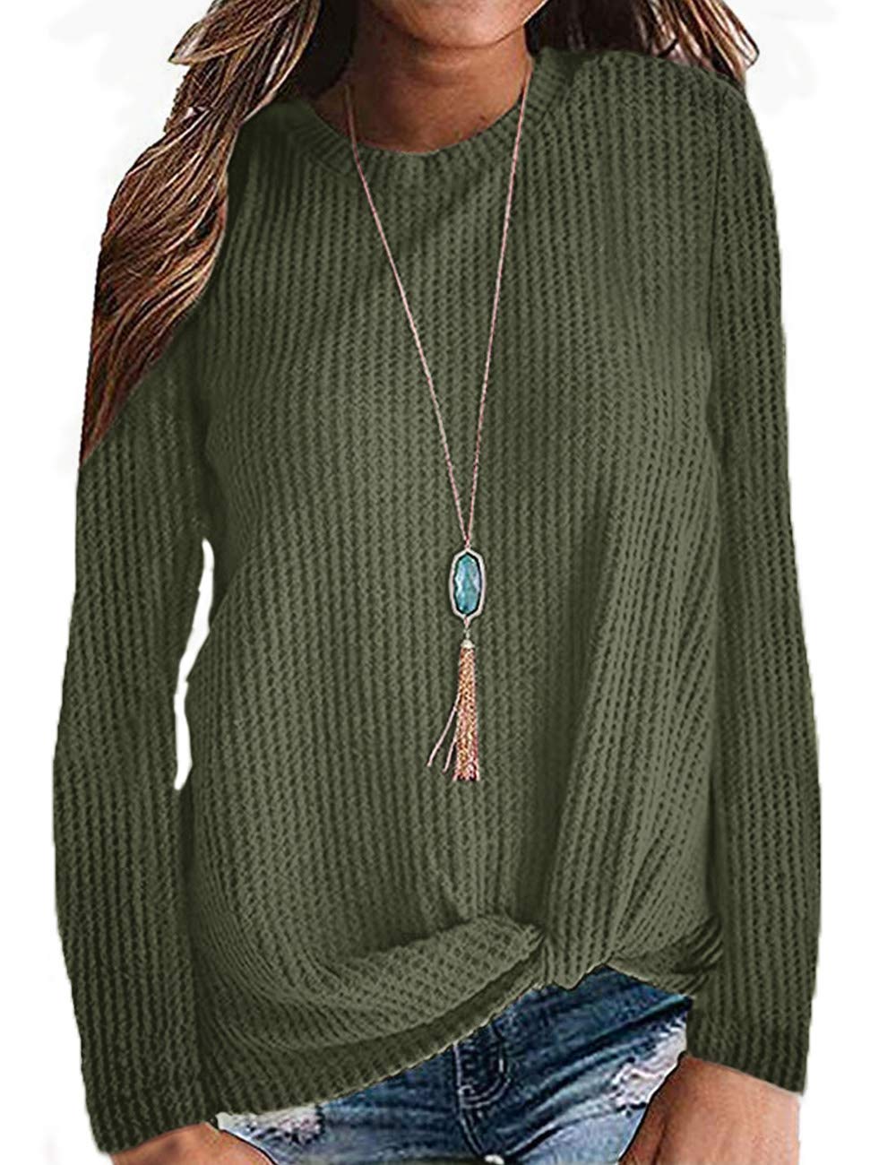 MISFAY Women's Casual Long Sleeve Twist Knot Waffle Knit Top - Cute Blouse for Fall, Winter & Layering Outfits | Office, Date Night & Everyday Wear
