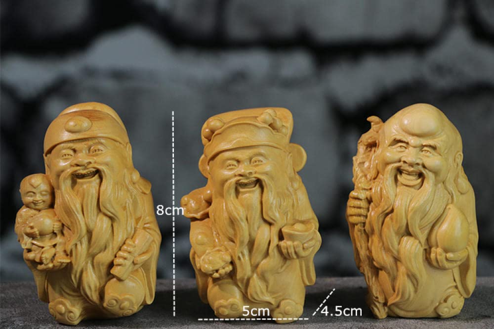 8cm Fu Lu Shou Auspicious Three Stars Boxwood Carved Solid Wood Sculpture - Handcrafted Home Decoration, Collectible Figurines, Buddhist Art Gift for Birthday & Housewarming - Perfect for Living Room Shelf, Office Desk & Meditation Space
