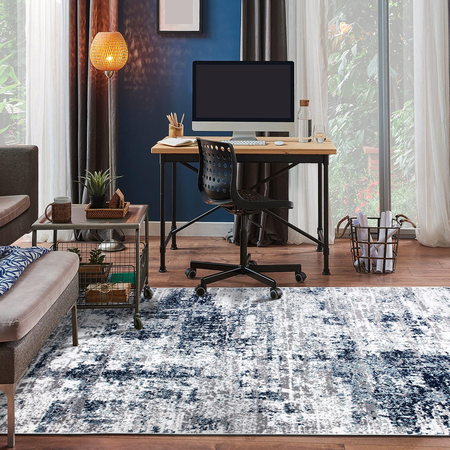 Distressed Abstract Blue Area Rug 7'10