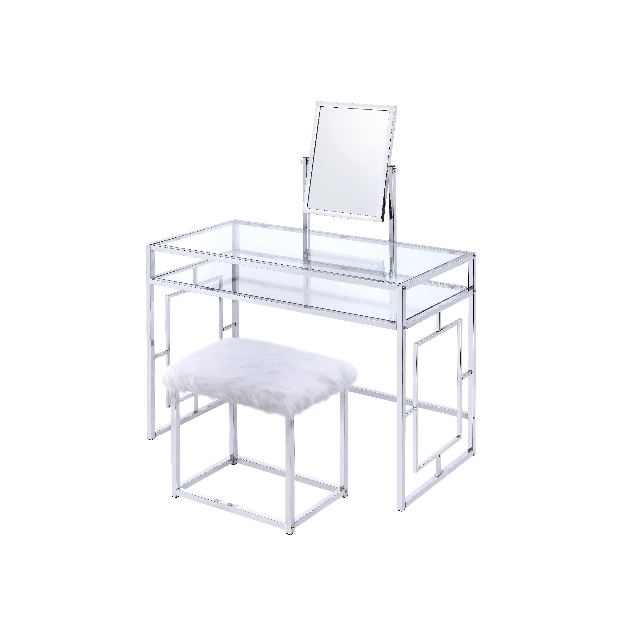 Benjara White and Silver Glass & Metal Vanity Set with Faux Fur Stool - Perfect for Bedroom, Bathroom & Dressing Room Makeup Organization