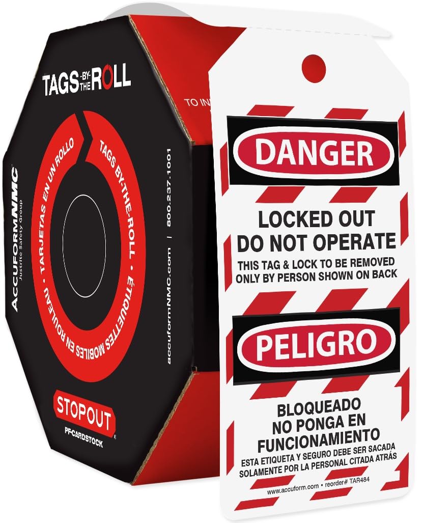 AccuformNMC 250 Lockout Tags by-The-Roll - Bilingual OSHA Compliant Safety Tags (Danger Do Not Operate/Peligro No Ponga En Funcionamiento) - 6.25