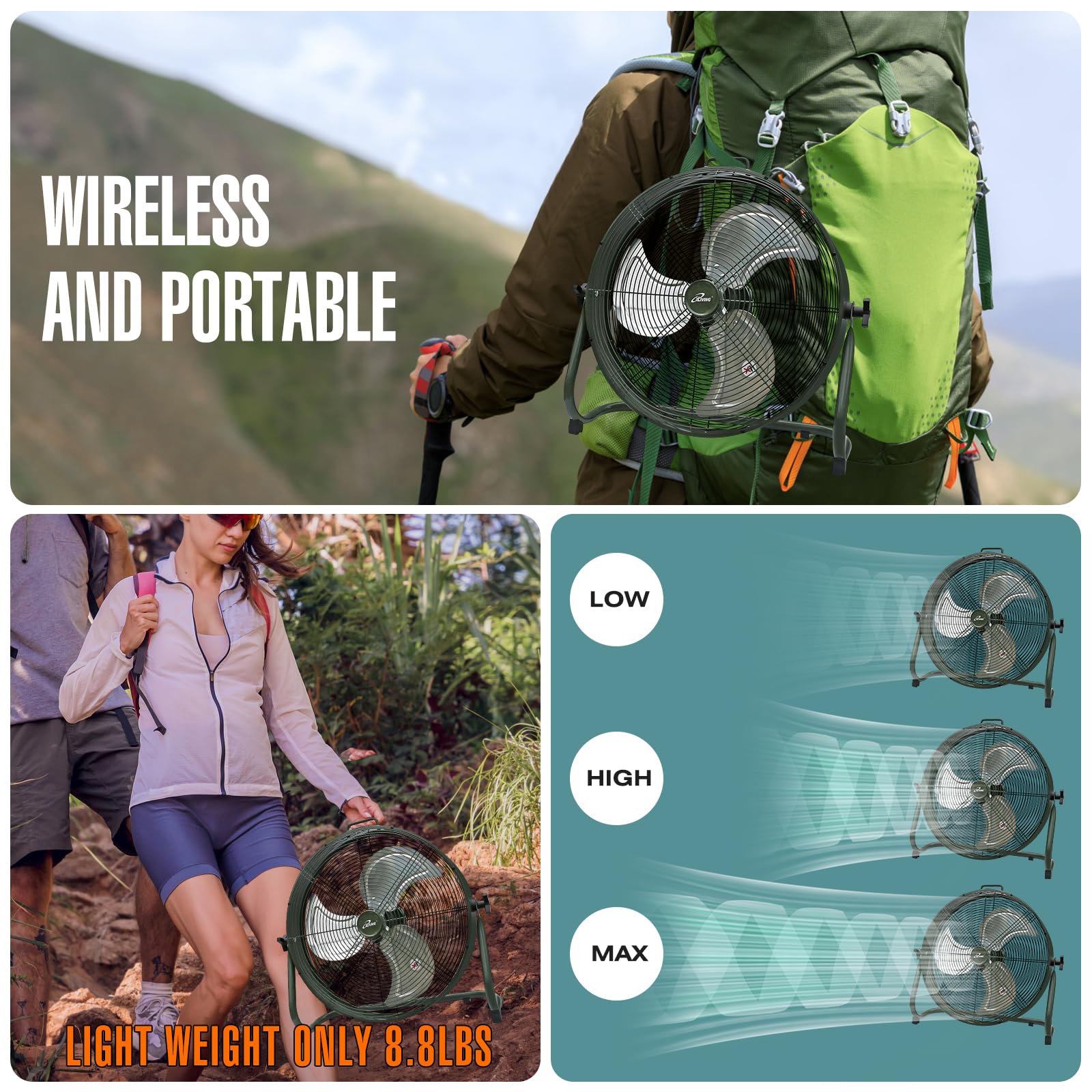 iLiving 18 Inch Rechargeable Battery Operated High Velocity Camping Fan - Portable Outdoor Floor Fan with Metal Blades & Built-in Lithium Battery - Perfect for Camping, Hiking, Backyard, Patio, and Emergency Use - Military Green
