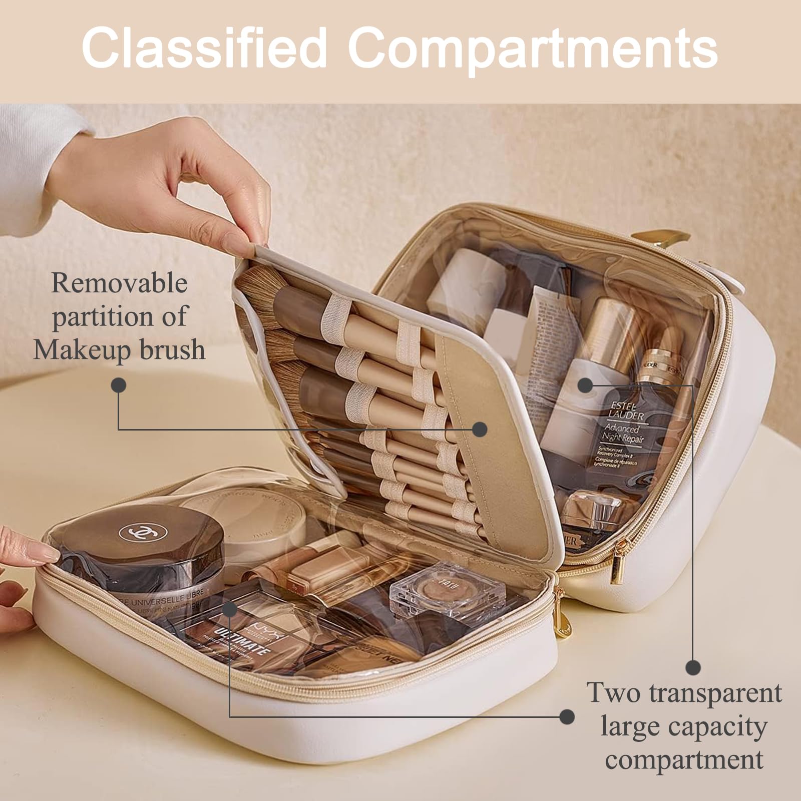 Large Capacity Travel Makeup Bag with Clear Double-Sided Compartments & Brush Holder - Waterproof PU Leather Cosmetic Organizer & Toiletry Bag for Women (Beige) - Perfect for Air Travel, Gym, and Daily Beauty Essentials