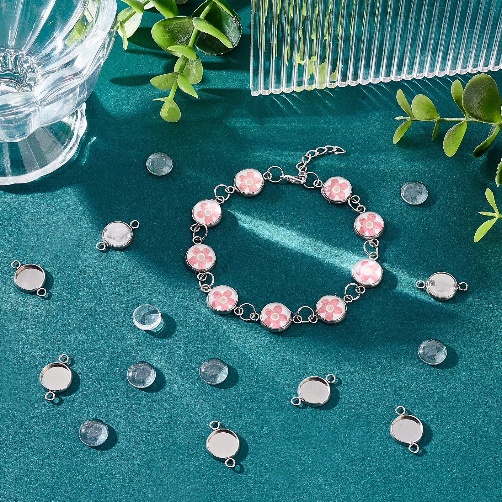 100pcs 12mm Stainless Steel Round Connectors with Clear Glass Cabochons - Jewelry Making Bezel Pendant Trays & Charm Links (19.5x14x2mm, 2mm Hole) - DIY Necklace, Bracelet & Earring Components - Perfect for Handmade Jewelry Crafting & Gift Making