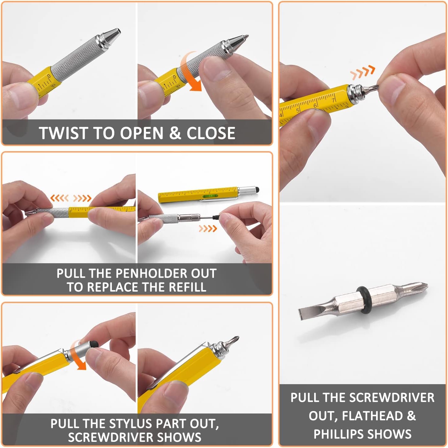6-in-1 Multitool Pen with Stylus, Ruler, Level & Screwdriver - Includes 2 Refills - Durable Aluminum Construction - Perfect for Office, Construction, DIY & Everyday Carry (EDC)