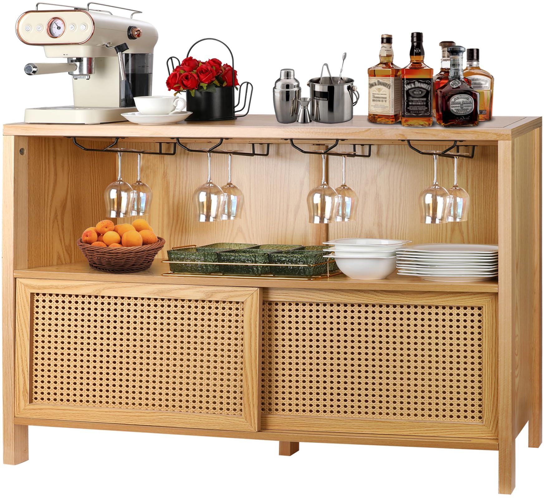 ZYBT Coffee Bar Cabinet with Storage - Rattan Liquor Cabinet for Home Bar, Wine & Glass Storage, Boho Sideboard Buffet Table for Kitchen & Dining Room | Perfect for Entertaining, Small Space Storage & Coffee Station Setup