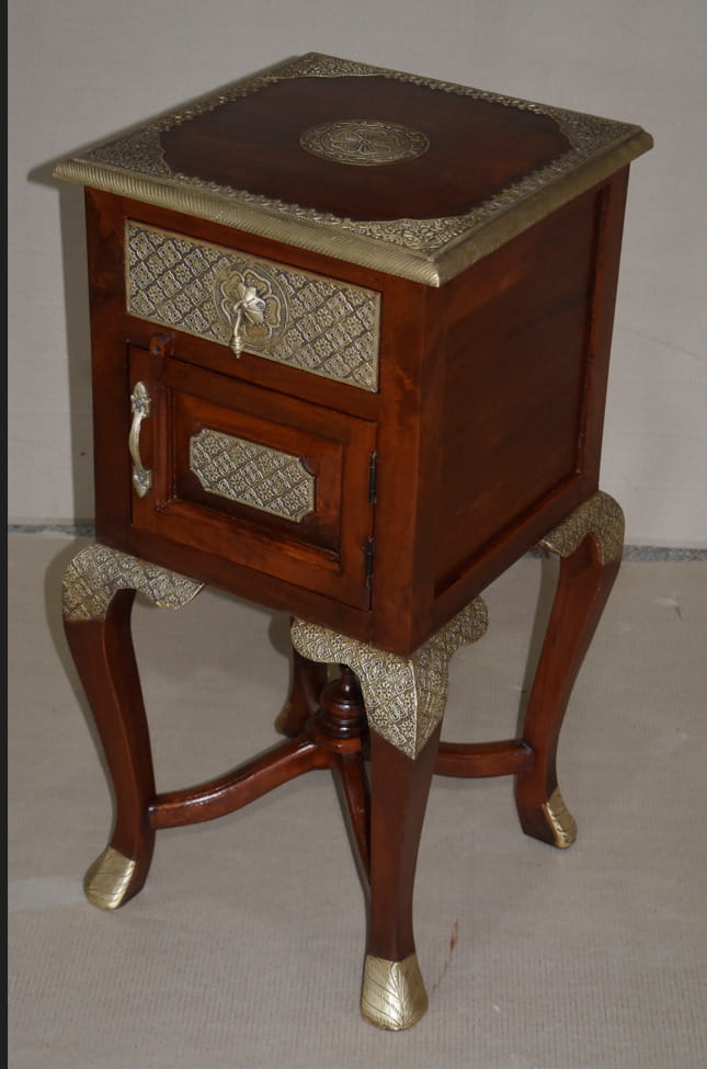 Handcrafted Embossed Brass Wooden Bedside Table with Drawers - Vintage Indian Furniture for Bedroom Decor | Perfect for Small Spaces, Guest Rooms & Boho Home Styling