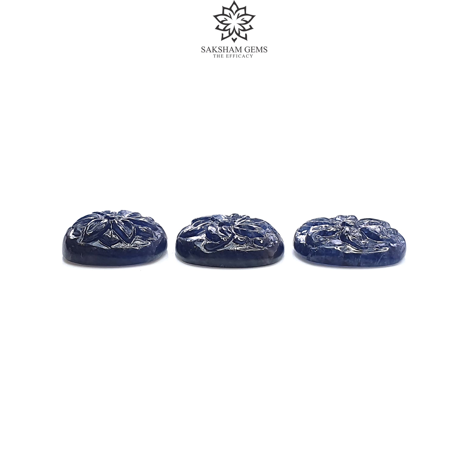 Natural Deep Blue Sapphire Gemstone Carving - 23.40cts Untreated Unheated Hand-Carved Cushion Shape (14x12mm & 14x13mm, 3pcs) | Perfect for Jewelry Making, Engagement Rings & Luxury Gifts
