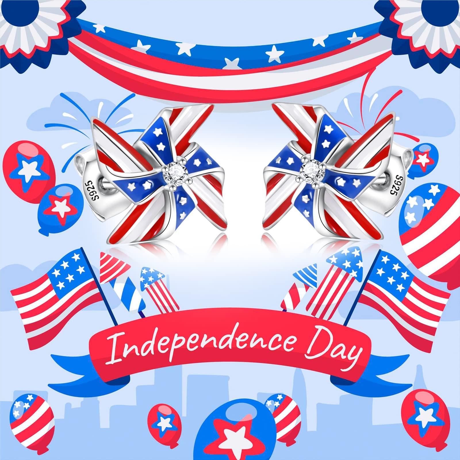 Patriotic Silver American Flag Earrings - USA Star Stud Hoop Jewelry for Women, Veterans | Perfect for 4th of July, Independence Day, Memorial Day & Patriotic Events
