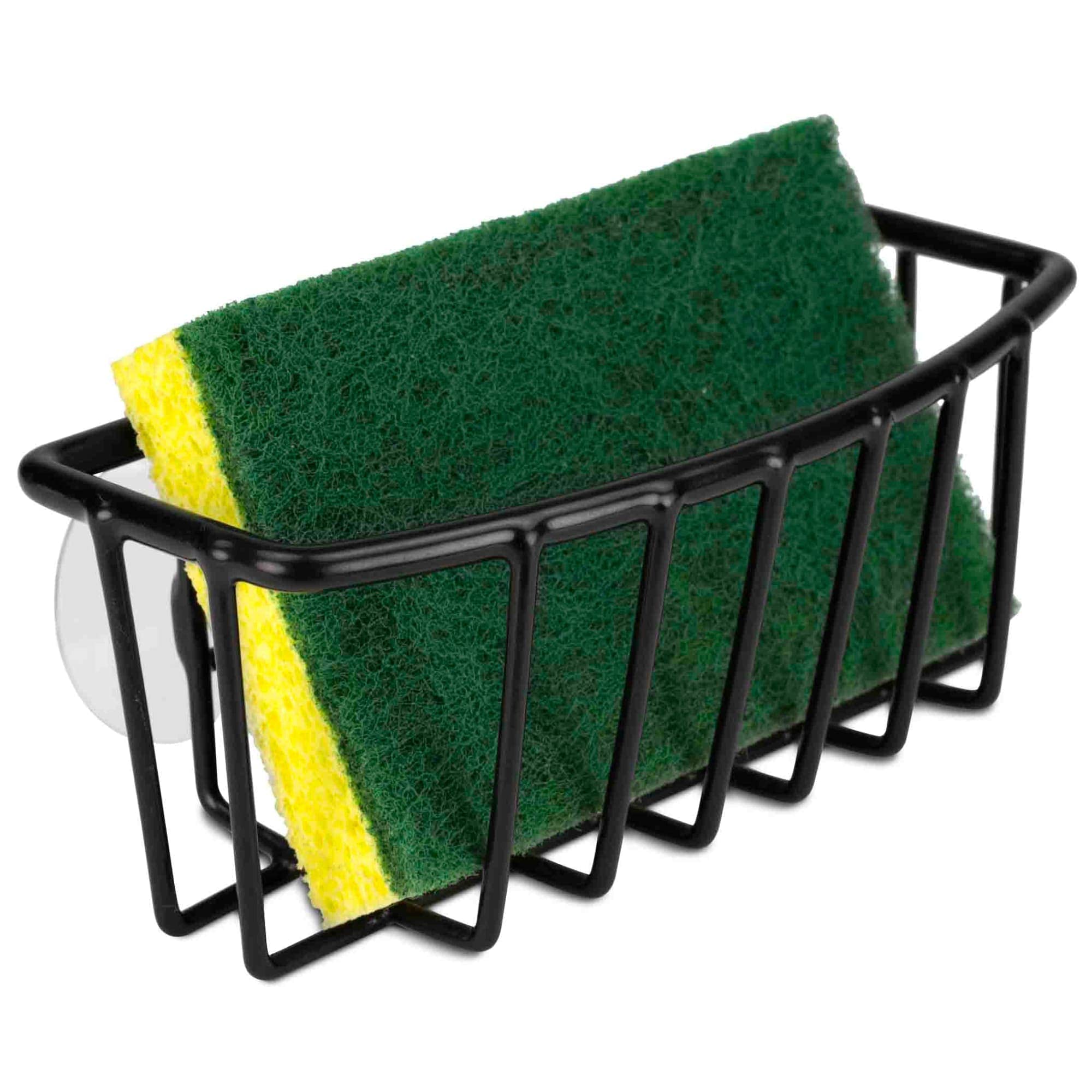 Stainless Steel Sponge Holder with Large Suction Cups - Rust Resistant Black Vinyl Coated Organizer Basket for Kitchen Sink, Dishwashing & Bathroom Cleaning