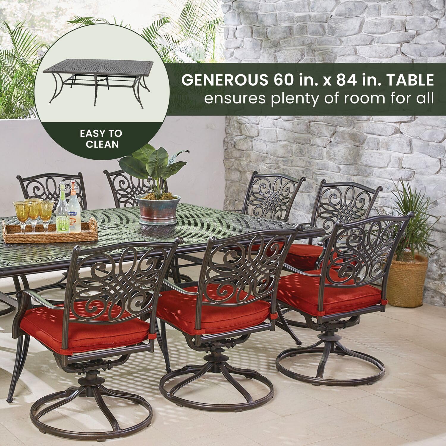 Hanover Traditions 11-Piece Modern Outdoor Dining Set - Rust-Resistant Cast Aluminum Rectangular Table & 10 Swivel Rocker Chairs with Weatherproof Red Cushions | Patio, Garden, Backyard Furniture for Entertaining
