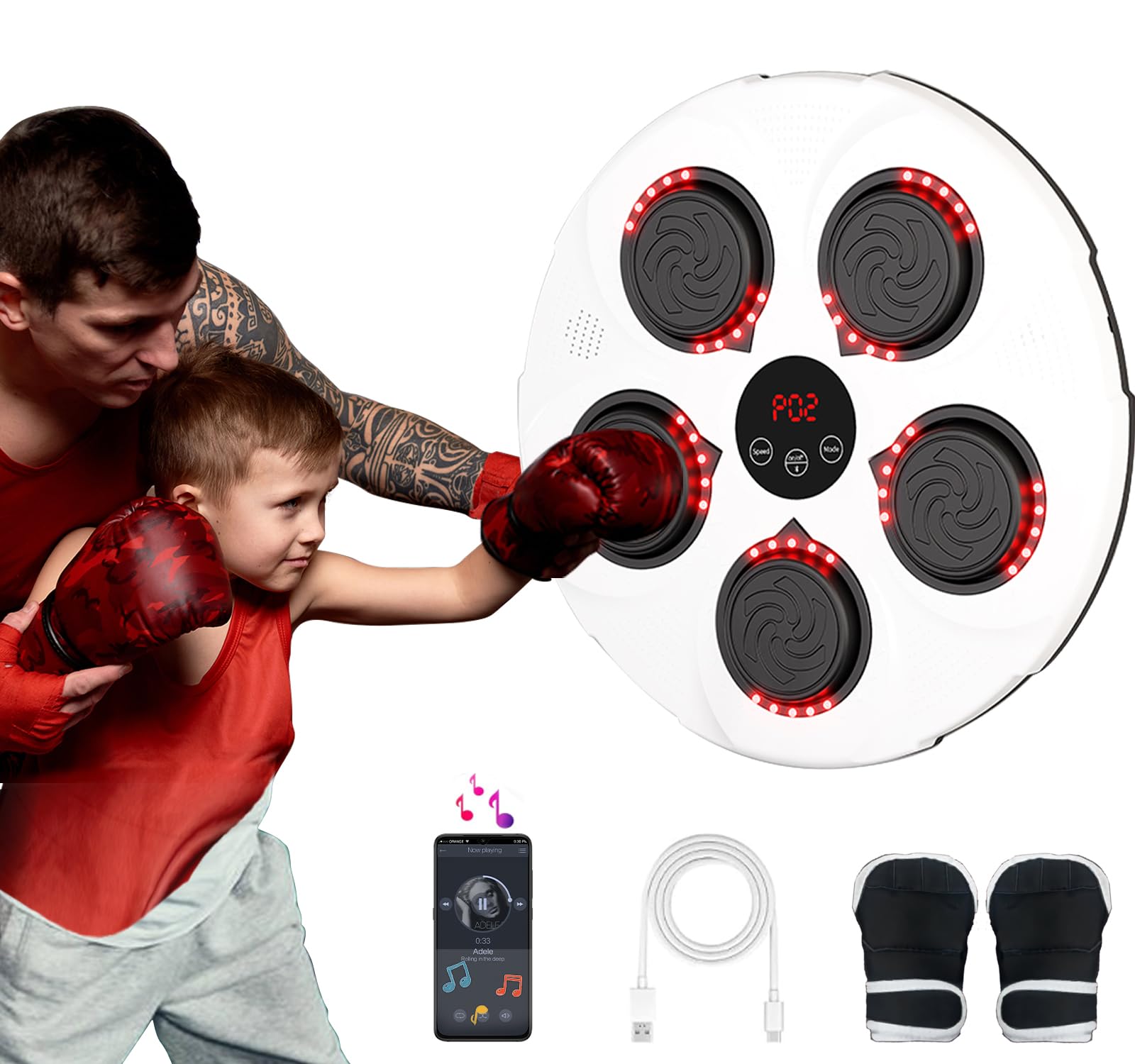 Smart Bluetooth Music Boxing Trainer with Boxing Gloves - Wall Mounted Electronic Punching Target for Home Gym & Indoor Workouts | Boxing Equipment for Fitness, Stress Relief & Cardio Training (Black/White)