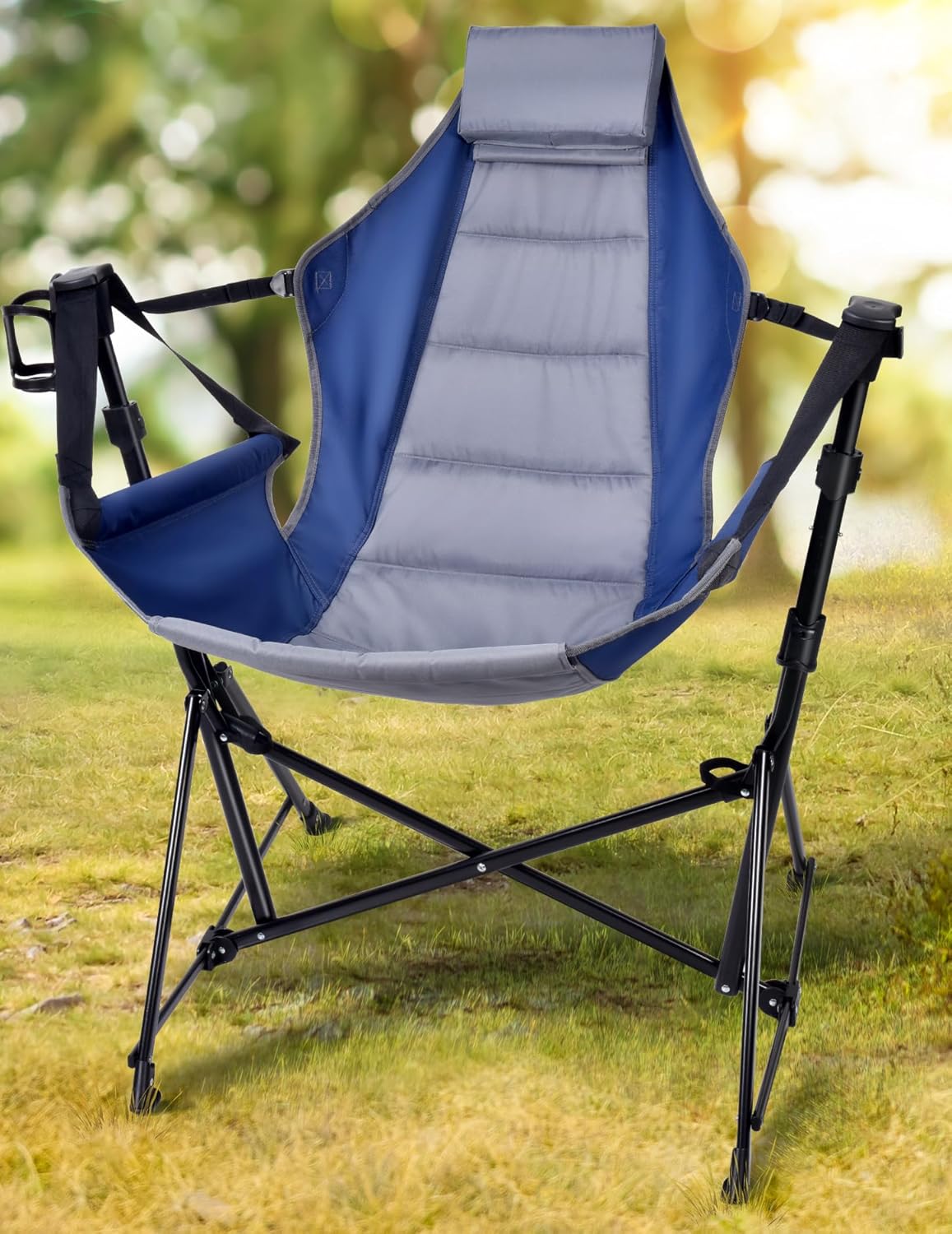 Portable Hammock Camping Chair with Adjustable Backrest - 3 Height Options, Padded Headrest & Cup Holder - Heavy Duty 300 LBS Capacity for Backyard, Beach, Patio & Outdoor Relaxation