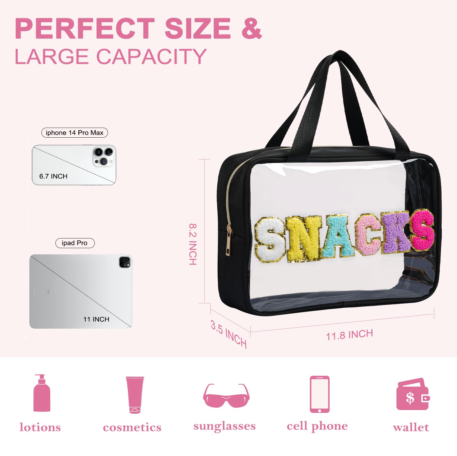 Yowivon Large Waterproof Clear Tote Bag with Zipper & Handle - Preppy Snack Bag for Travel, Beach, Camping, Business Trips, Sports & Stadium Events - Perfect for Snacks, Swim Gear & Essentials (Black, Large)