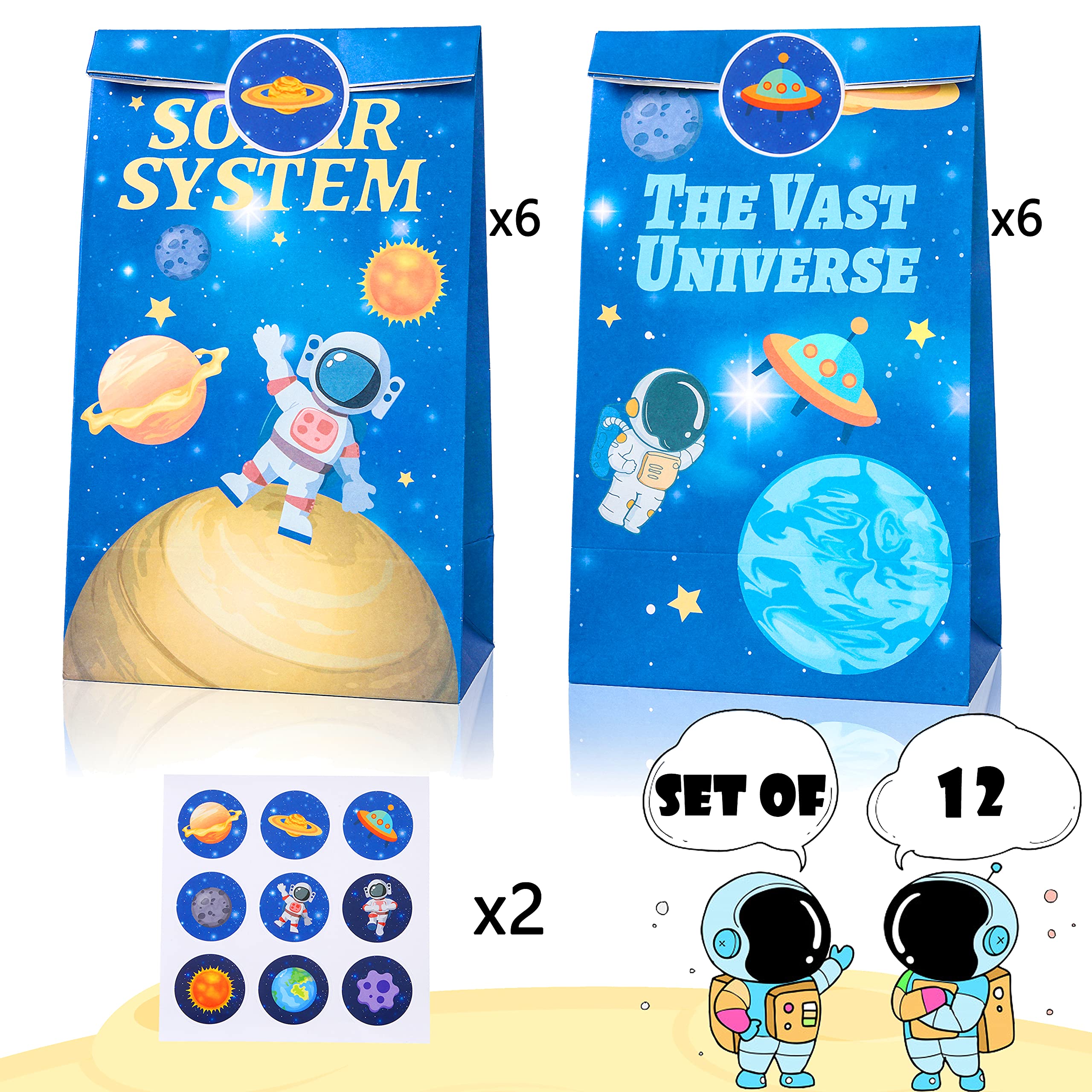 Space Themed Party Favor Bags - 12pcs Astronaut Goodie Bags with Thank You Stickers for Kids Birthday, Space Party Decorations & NASA Themed Events - Perfect for Astronaut Birthday Parties, Classroom Rewards & Outer Space Celebrations