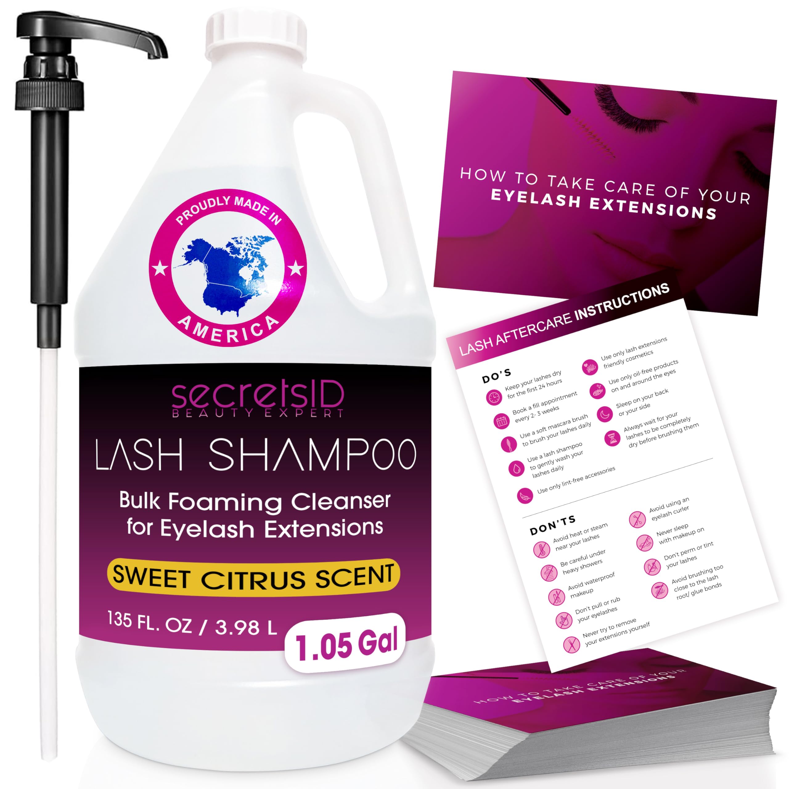 Professional Eyelash Extension Shampoo - 3.98L (1.05 Gallon) Bulk Foaming Cleanser for Salon & Home Use | Made in USA | Includes 50 Aftercare Cards | Sweet Citrus Scent | Gentle Lash & Brow Wash | Perfect for Eyelash Extensions Maintenance & Daily Eye Area Cleansing