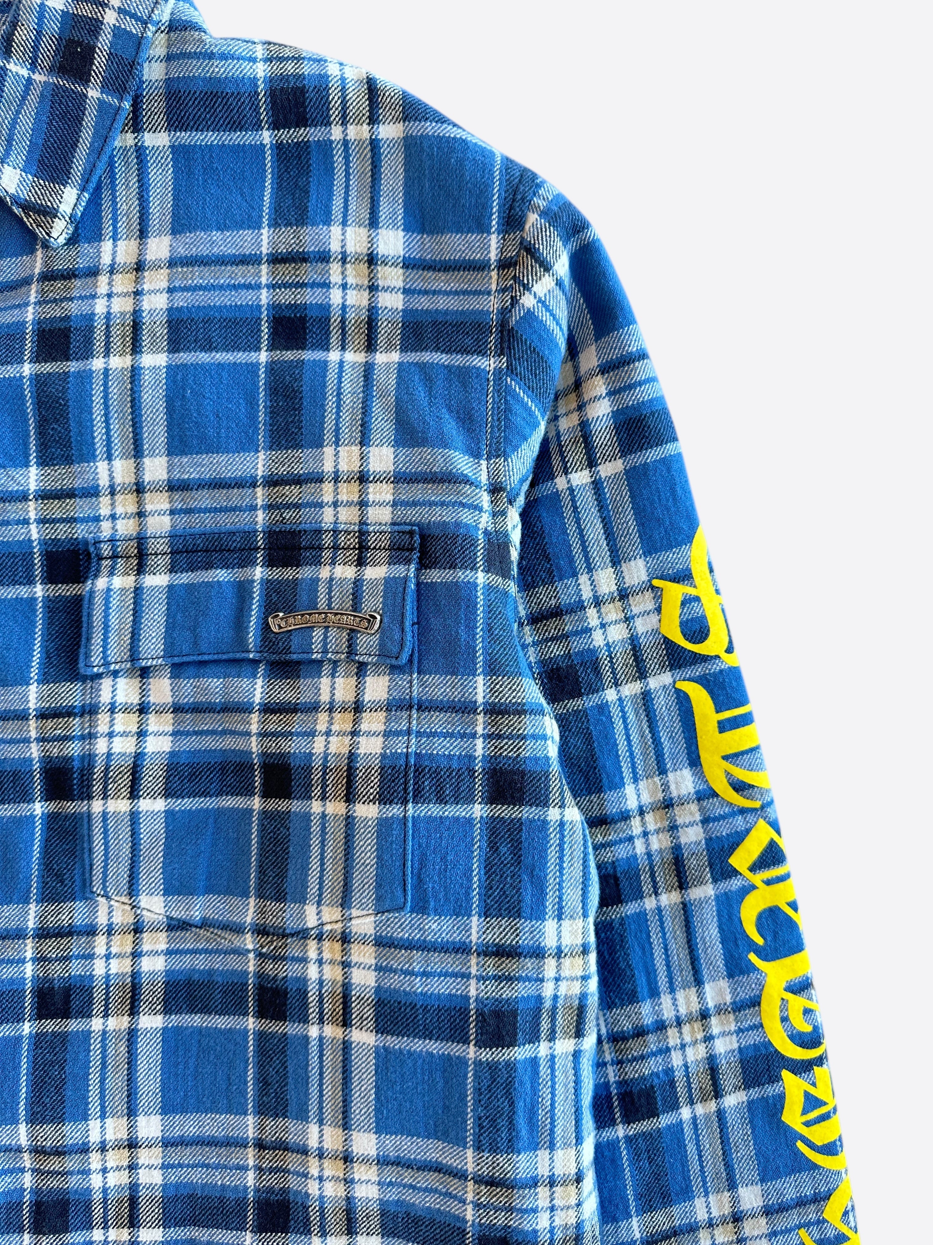 Chrome Hearts Blue & Yellow Script Padded Flannel Jacket for Men - Stylish Winter Outerwear for Casual Wear & Street Fashion
