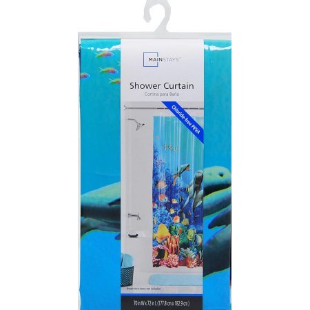 Mainstays Coral Reef Waterproof Shower Curtain with Hooks - Tropical Ocean Theme Bathroom Decor for Beach, Coastal, and Nautical Style Homes