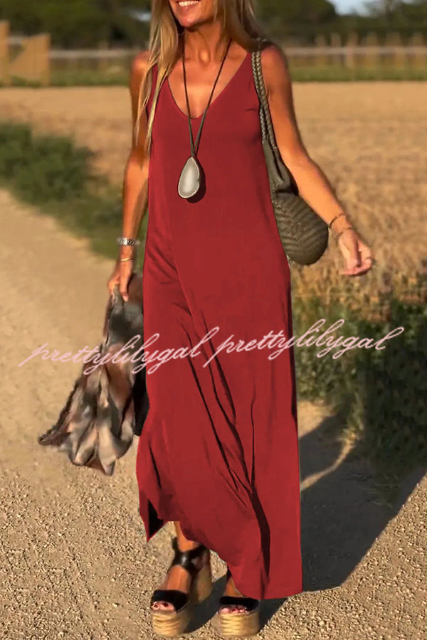 Elegant Solid Color V-Neck Sleeveless Maxi Dress - Casual Loose Fit Summer Beach Dress for Women | Perfect for Vacation, Date Night & Outdoor Events