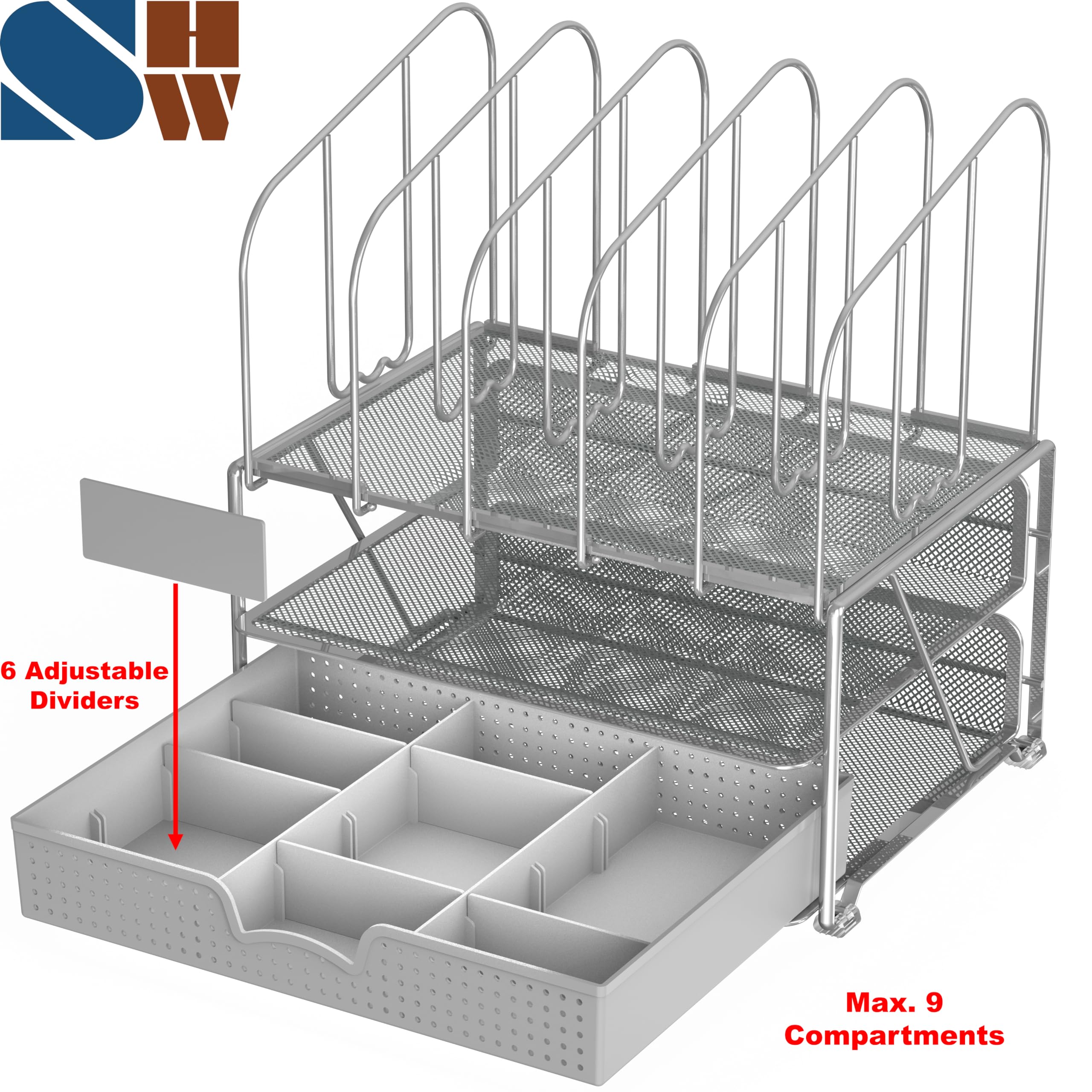 Deco Brothers Metal Desk File Organizer with Letter Tray & 5 Upright File Holders - Silver | Office Document Management System for Home & Business Workspace Organization