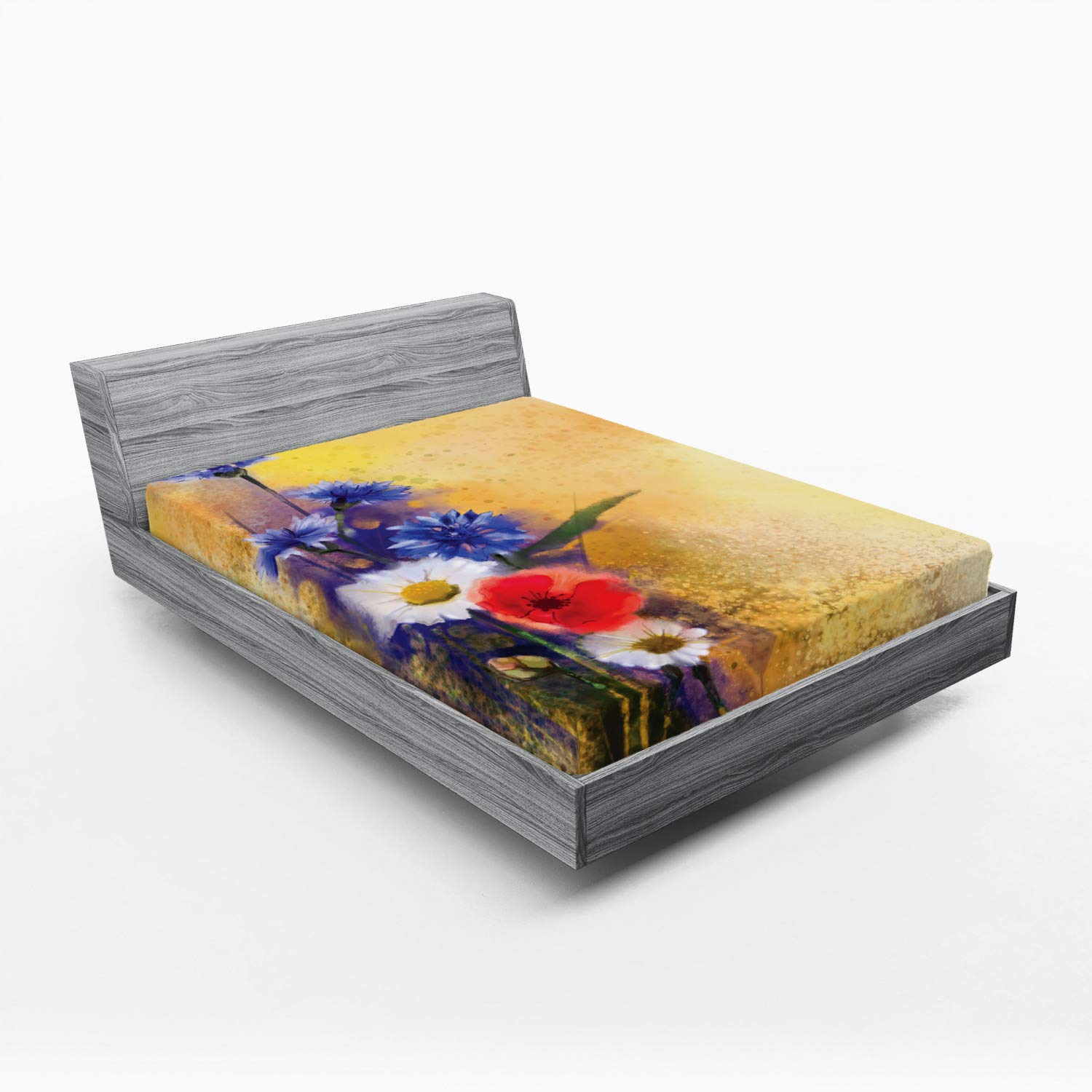 Ambesonne King Size Fitted Sheet - Blue White Poppy Flowers & Chamomile Petal Floral Design, Deep Pocket Elastic All Around, Soft Bed Cover for Comfortable Sleep | Perfect for Master Bedroom, Guest Room & Vacation Homes