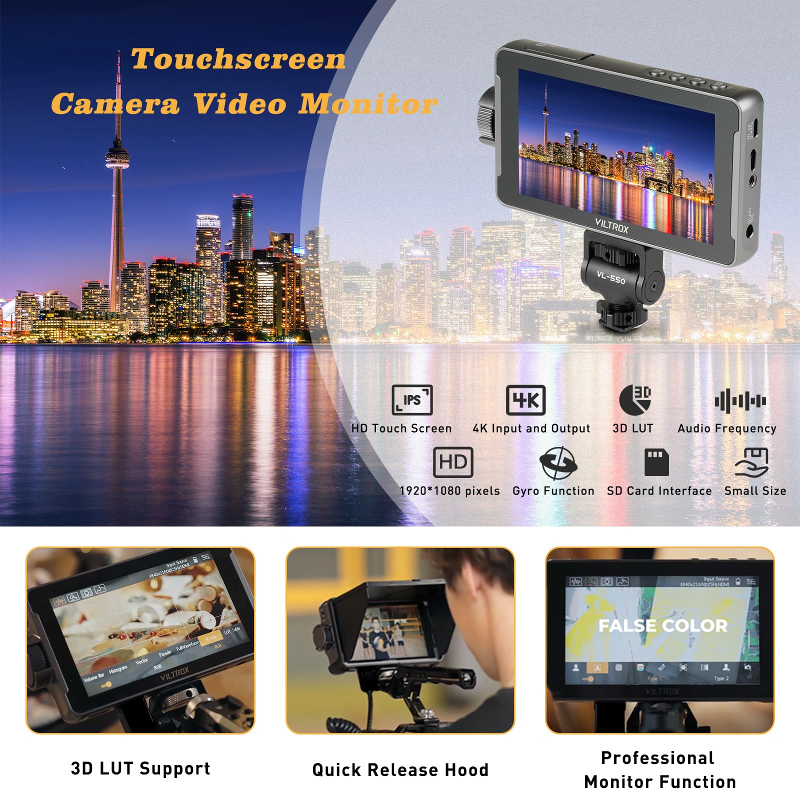 VILTROX DC-550 Pro 5.5-Inch Touchscreen DSLR Camera Field Monitor with Battery - On-Camera RGB Parade, Histogram, Waveform & Focus Assist - Perfect for Videography, Live Streaming & Outdoor Shooting