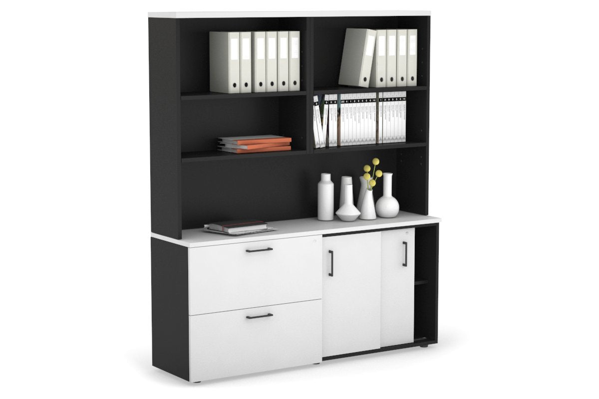 2-Door Sliding Credenza with 2 Drawers & Open Hutch - Modern Office Storage Cabinet for Files, Supplies & Decor - Perfect for Home Office, Conference Rooms & Workspaces