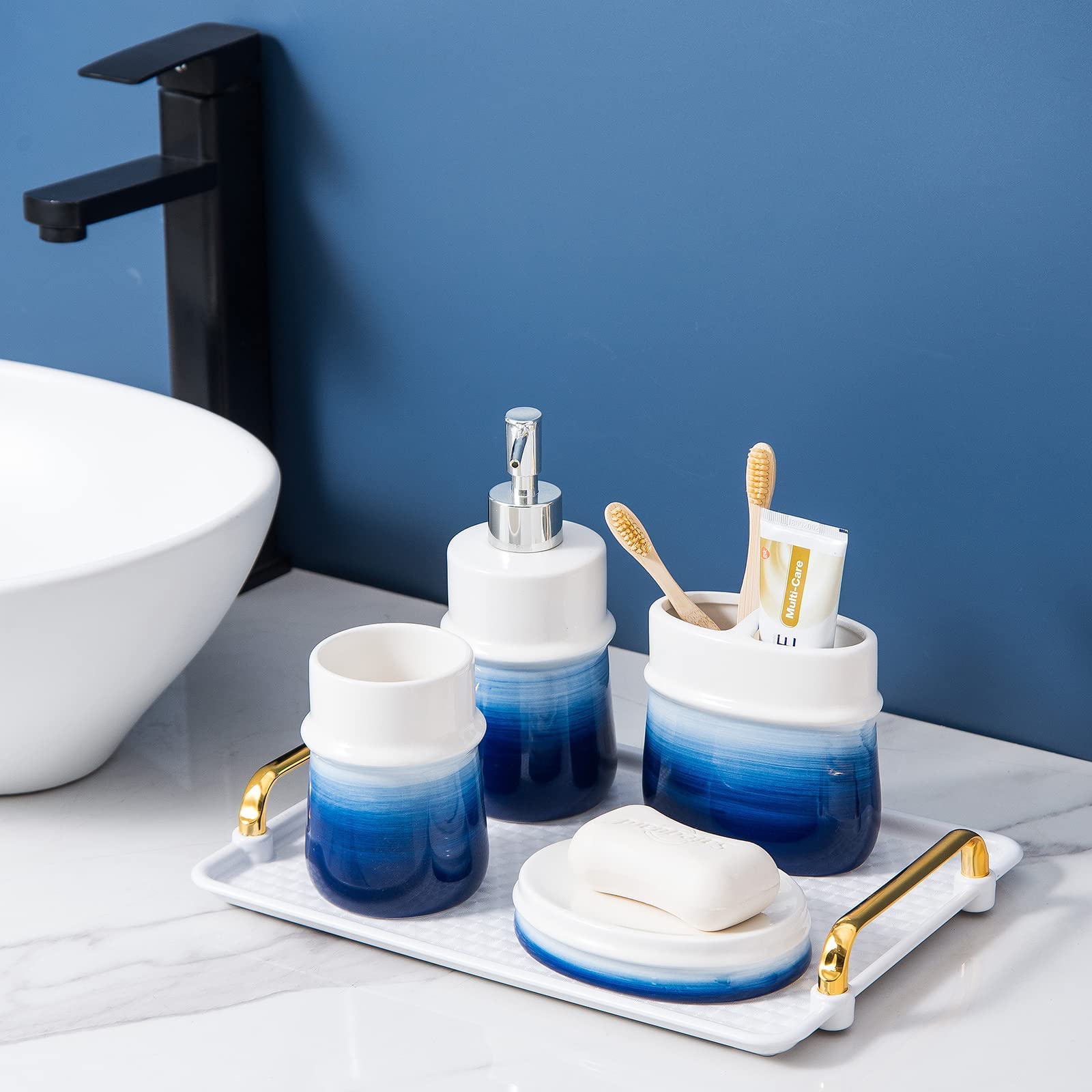 2-Piece Ceramic Vase Set & 4-Piece Bathroom Accessories - Rustic Farmhouse Decor for Bathroom, Living Room, Bedroom - Blue Home Décor for Modern & Traditional Interiors
