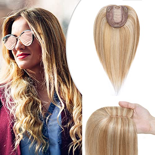 12 Inch Human Hair Topper for Women - Silk Base Clip-in Hair Extensions with 4 Clips, Golden Brown Mix Dark Blonde Highlight (#12/613) - Volumizing Solution for Thinning Hair | Perfect for Daily Wear, Parties, Weddings & Hair Loss Concealment