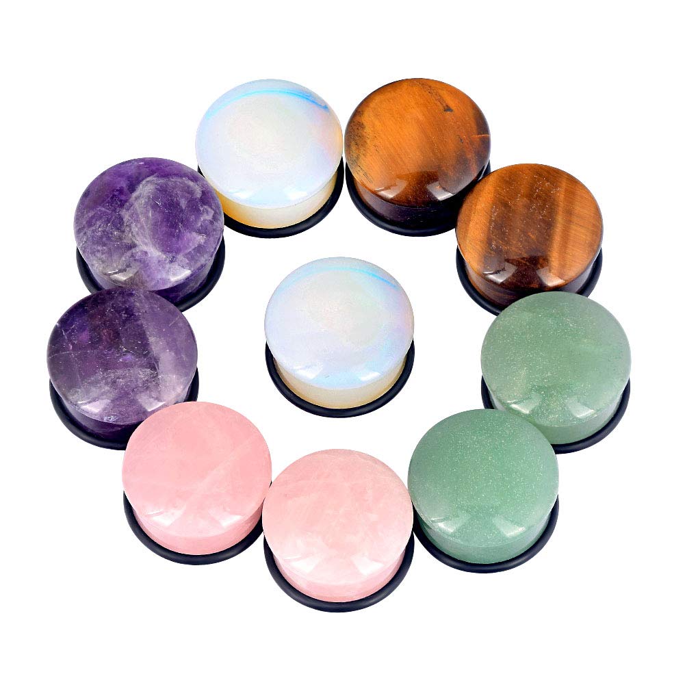 Longbeauty 10Pcs Mixed Stone Ear Gauges Plugs - Single Flared Tunnels with O-Rings for Ear Stretching & Piercing - Perfect for Body Jewelry & Alternative Fashion