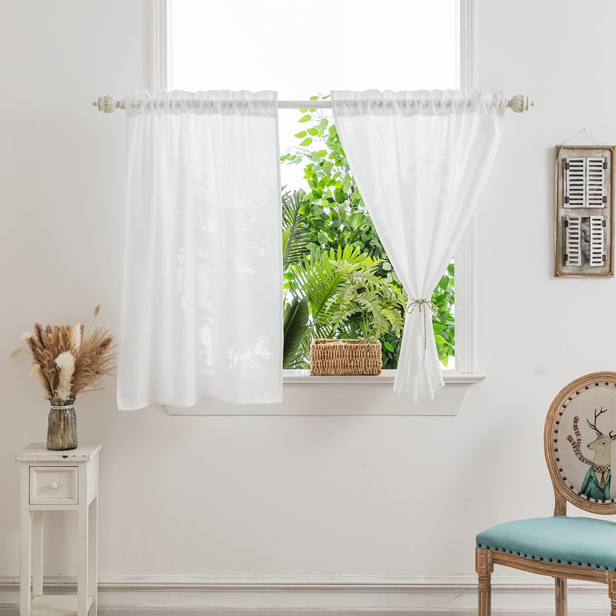Yancorp White Farmhouse Kitchen Curtains 24x24 Inches - Linen Textured Short Tier Cafe Curtains for Small Windows, Bathroom & Laundry Room - Perfect for Rustic Kitchens, Cozy Bathrooms & Charming Laundry Spaces (White, W24xL24)