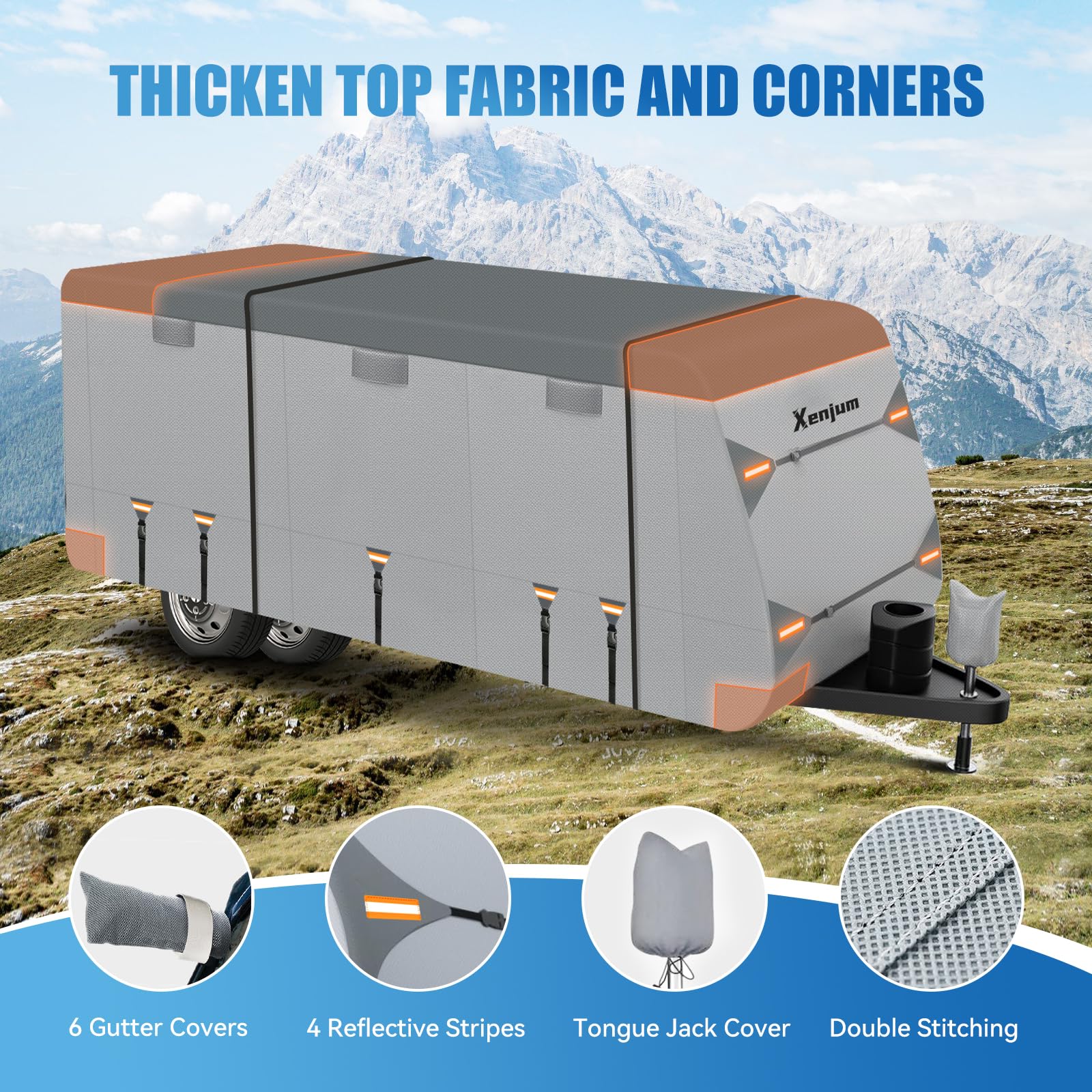 Premium 33-35 ft RV Cover - 7-Layer Heavy Duty Weatherproof Camper Cover with 6 Gutter Protectors & Tongue Jack Cover | UV Resistant Travel Trailer Protection for Outdoor Storage, Camping & Winter Shelter