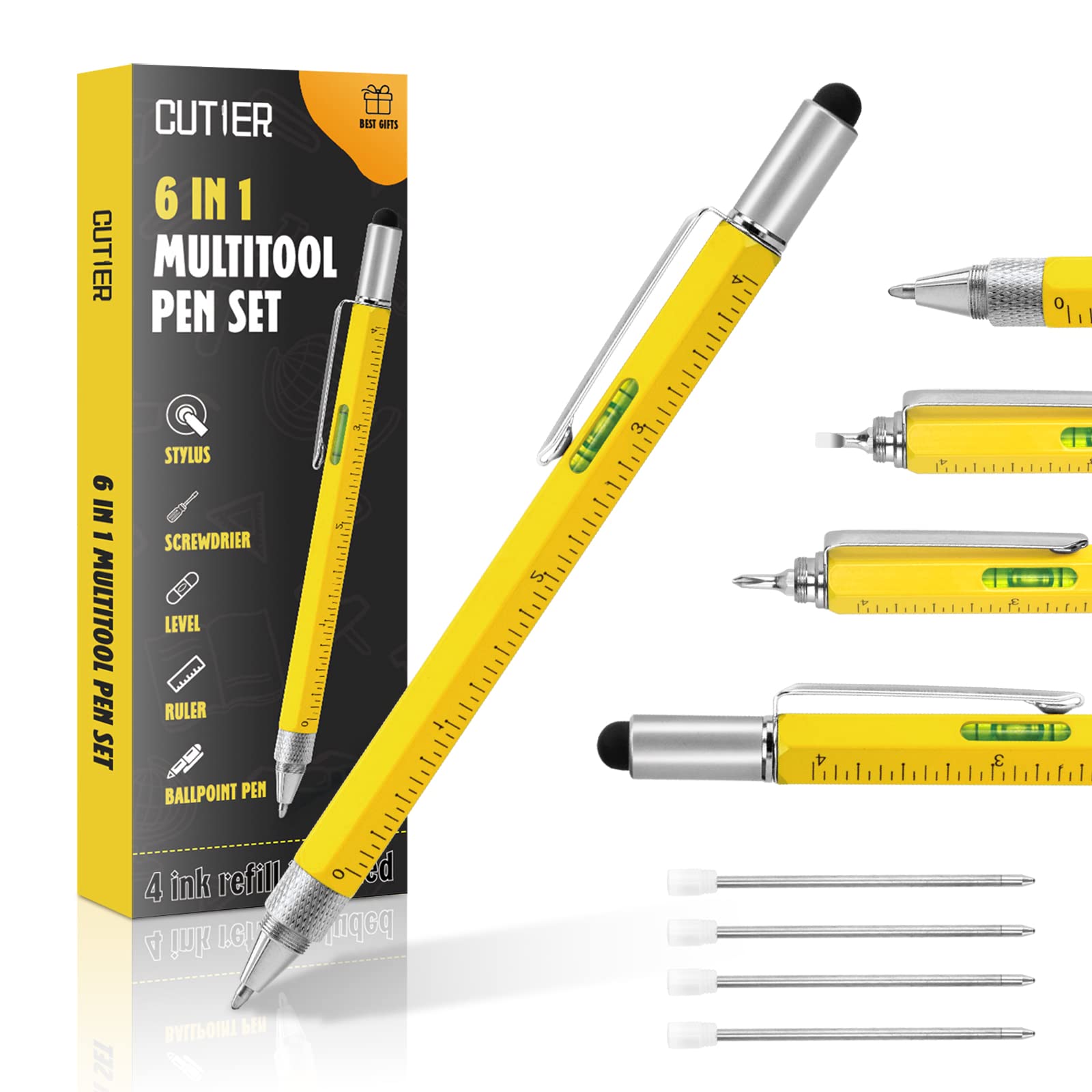 6-in-1 Multi-Tool Tech Pen for Men - Cool Gadget Gift with Screwdriver, Stylus & More - Perfect for Dad, Boyfriend, Husband - Great for Christmas, Father's Day, Birthdays & Valentines - Office, DIY & Everyday Carry Essential (Yellow)