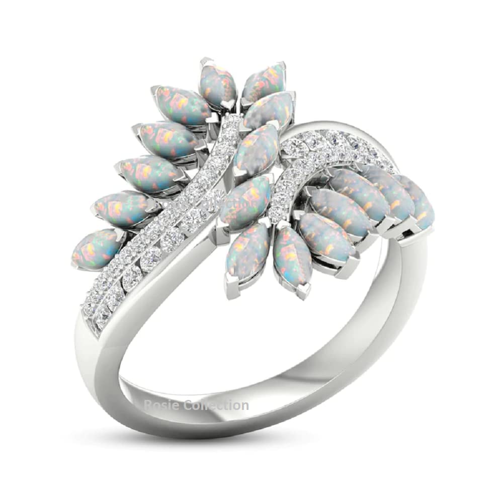 Opal Bypass CZ Engagement Wedding Ring for Women - 925 Sterling Silver 14K White Gold Plated - Perfect for Proposals, Anniversaries & Bridal Jewelry