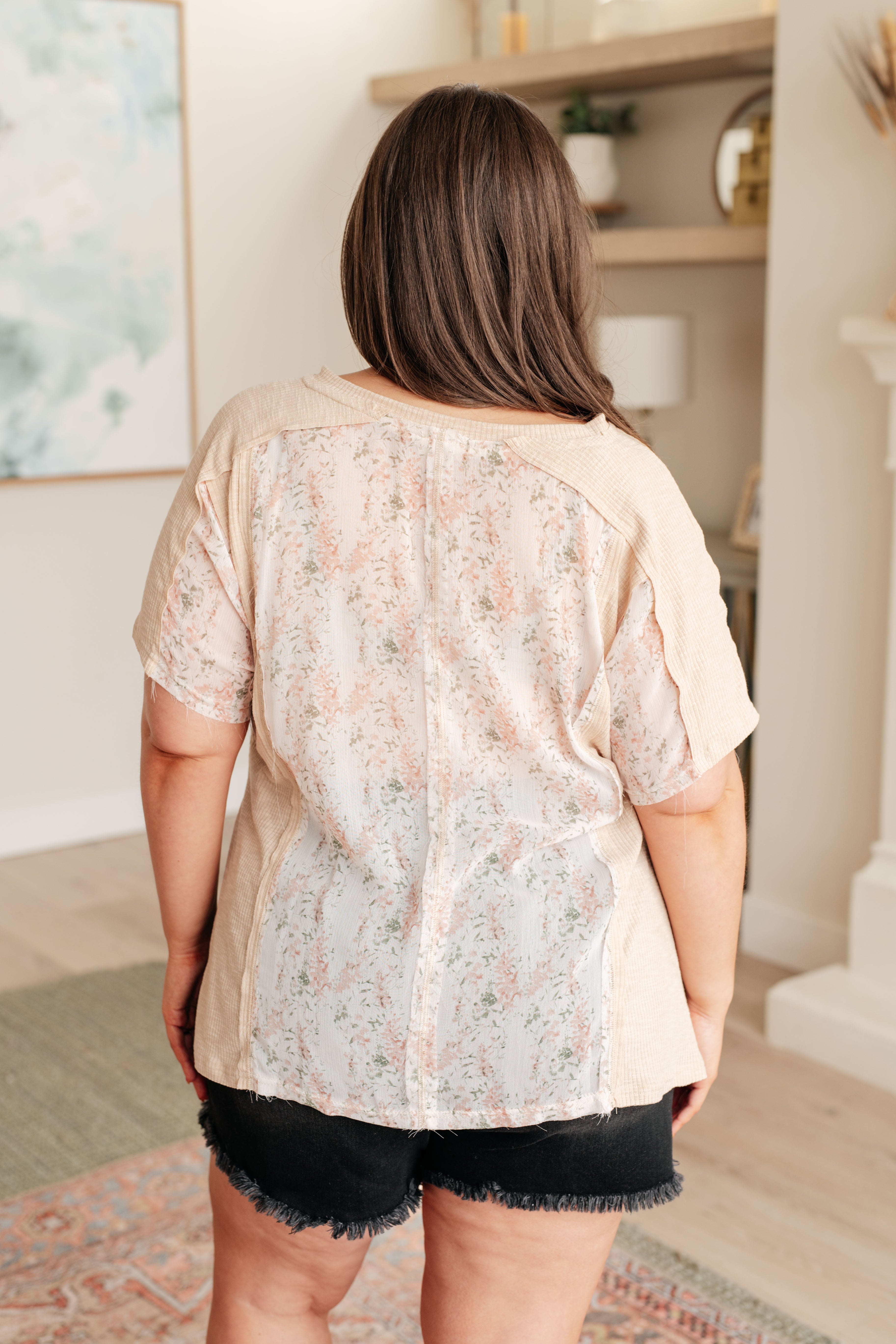 Floral Accent Top in Toasted Almond - Women's Casual Blouse for Spring & Summer | Perfect for Date Nights, Office Wear & Outdoor Events