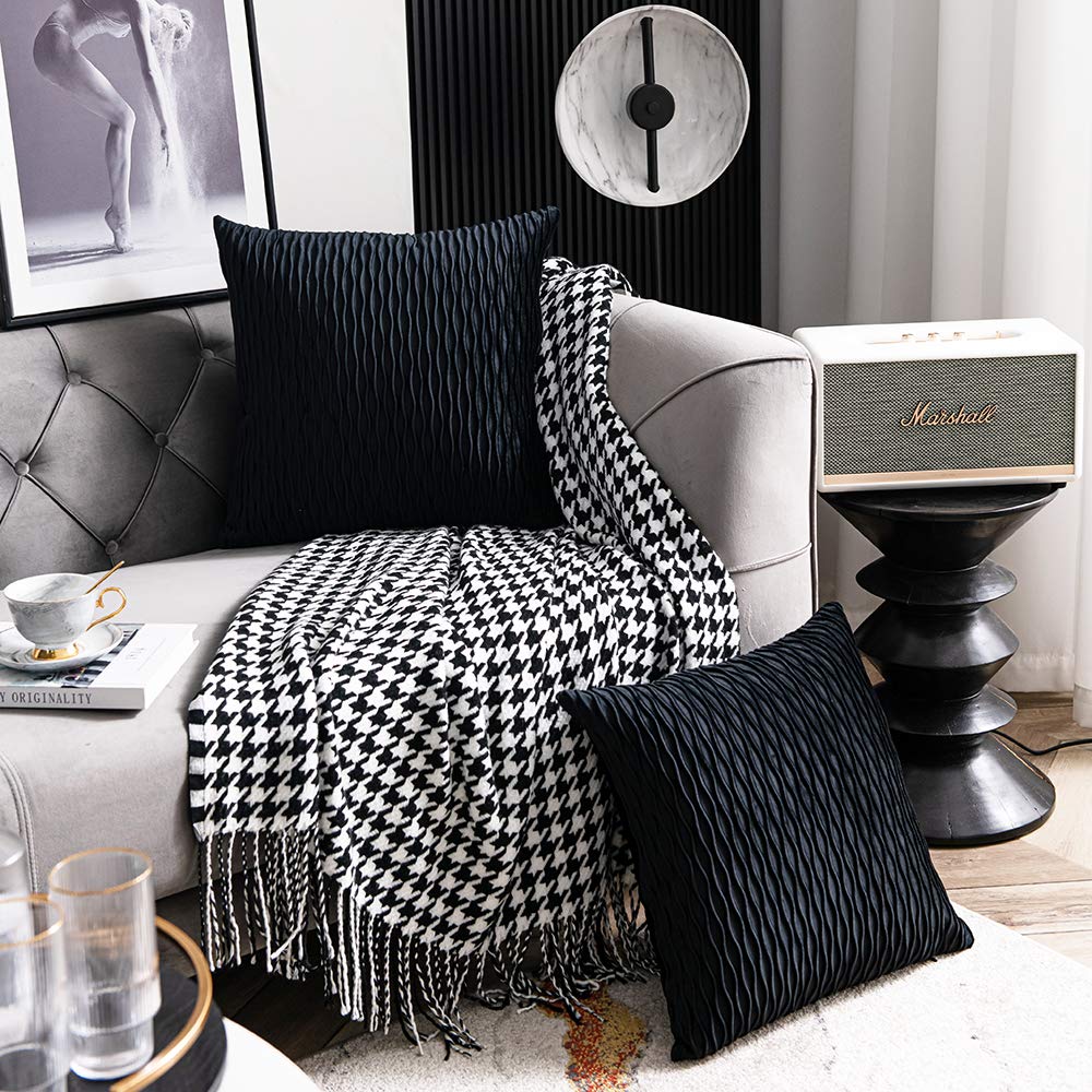DEZENE Black Striped Velvet Pillow Covers - 2 Pack 20x20 Inch Square Throw Pillow Cases for Sofa, Couch, Bed - Farmhouse & Boho Home Decor for Living Room, Bedroom