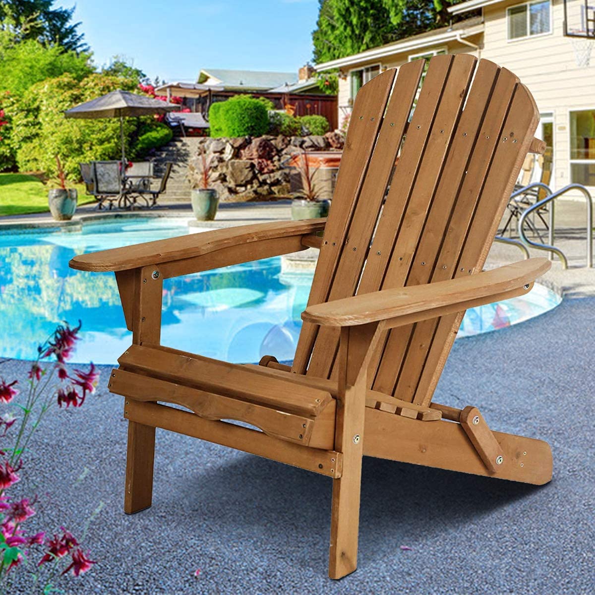 Solid Wood Folding Adirondack Chair - Weather-Resistant Outdoor Patio Furniture with Arms for Deck, Backyard, Garden & Poolside - Perfect for Relaxing, Lounging and Sunbathing