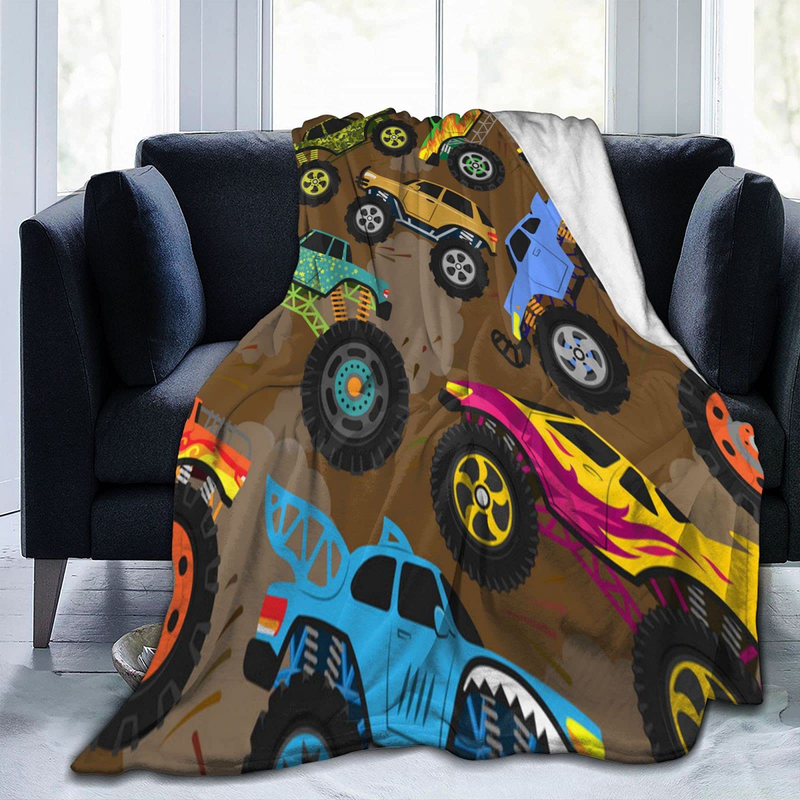 Monster Truck Cartoon Fleece Blanket - Soft Microfiber Anti-Pilling Fuzzy Bed Blanket for Boys 50