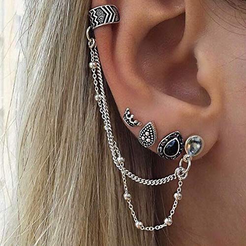 Missgrace Vintage Silver Stud & Hoop Earrings Set for Women & Girls - Elegant Bohemian Chain & Multiple Stud Earrings - Perfect for Parties, Weddings & Everyday Wear (Style9)