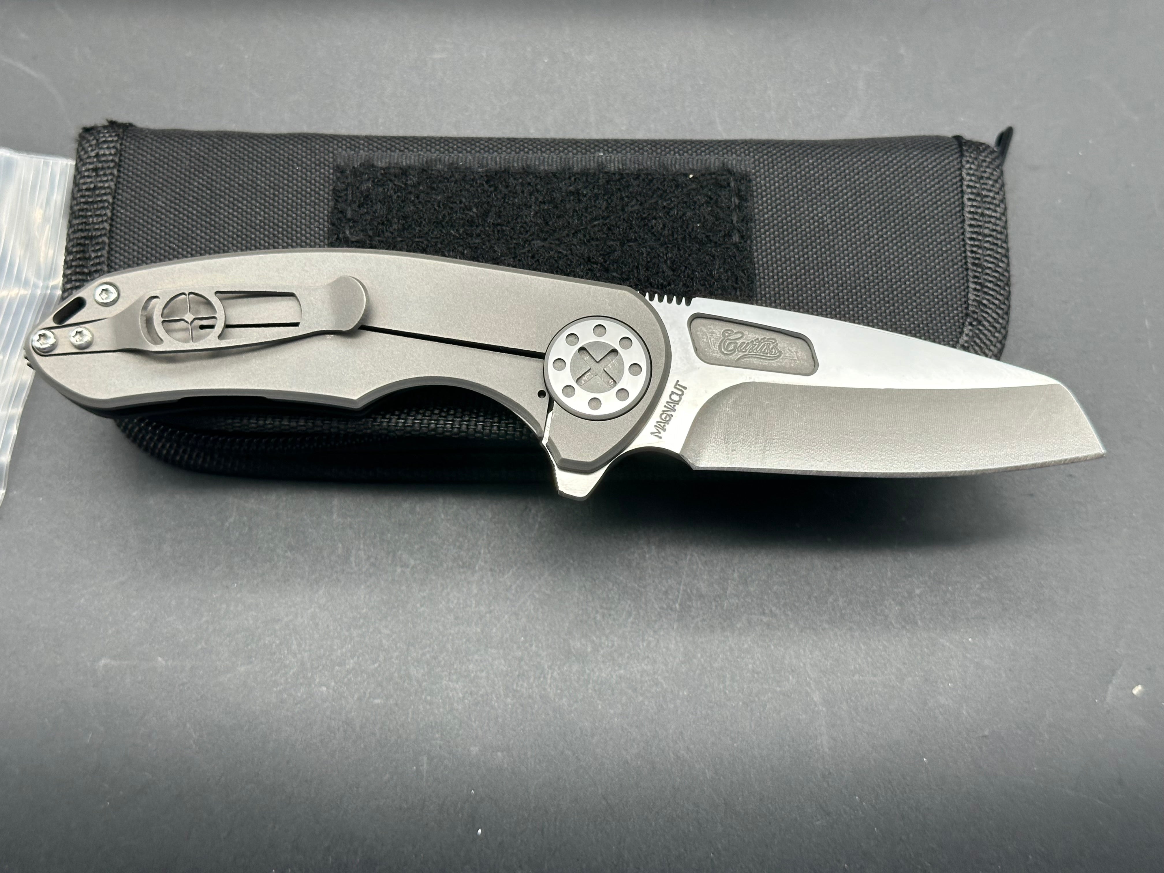 Curtiss Custom Knives F3 Medium Wharncliffe Flipper Knife - Titanium Frame, Stonewash Finish, Magnacut Blade | EDC, Outdoor Survival, Tactical Gear, Hunting & Camping Accessories