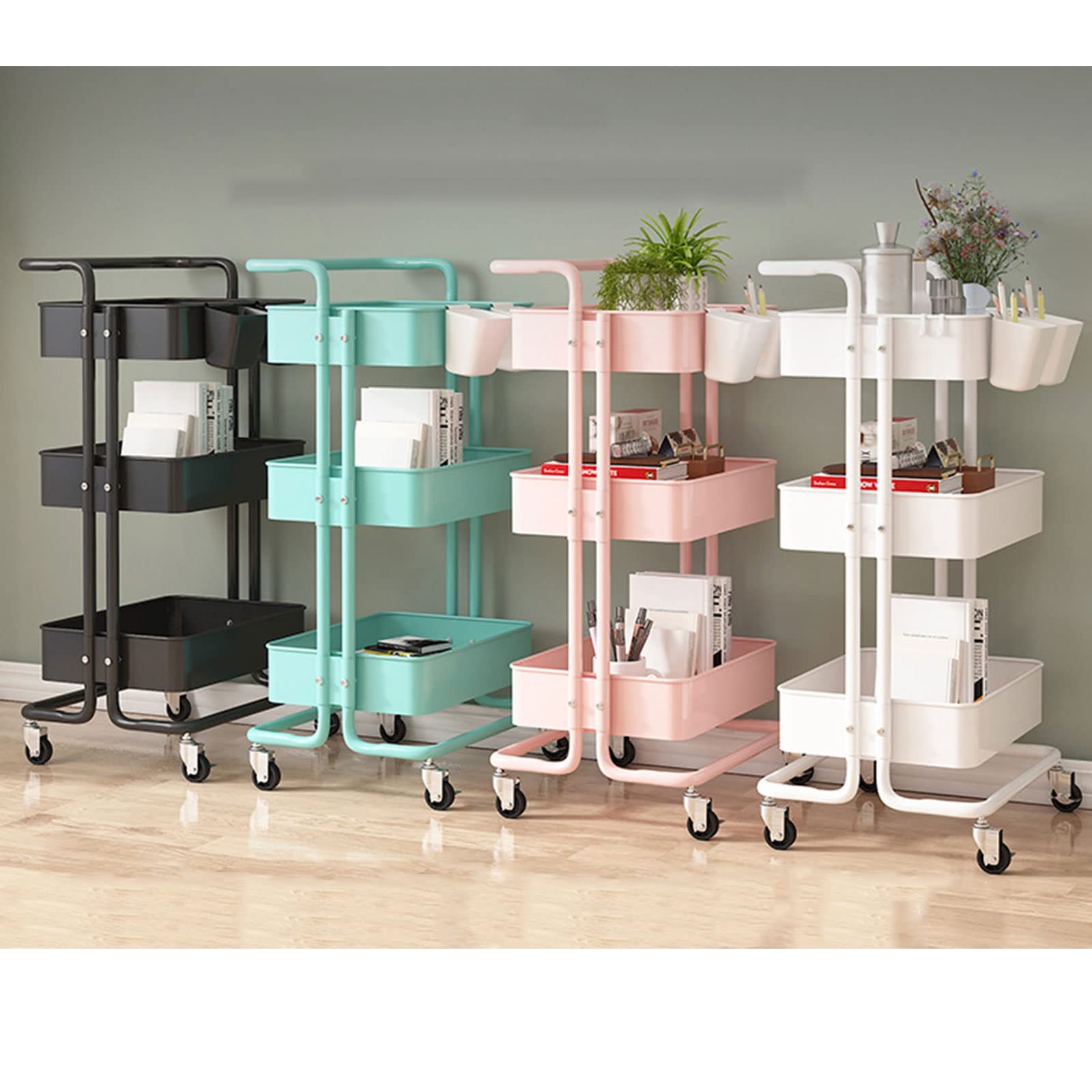 QINGXun 4-Tier Rolling Utility Cart with Wheels - Multifunctional Storage Organizer for Kitchen, Office, Home & School - Black Rolling Cart for Easy Organization & Mobility - Perfect for Pantry Storage, Classroom Supplies & Office Organization